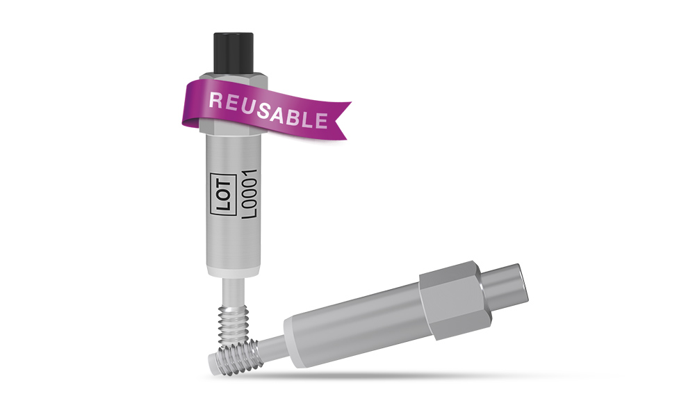 Reusable SmartPeg (standing, with a purble flag indicating "reusable") and single-use SmartPeg (laying), white background.