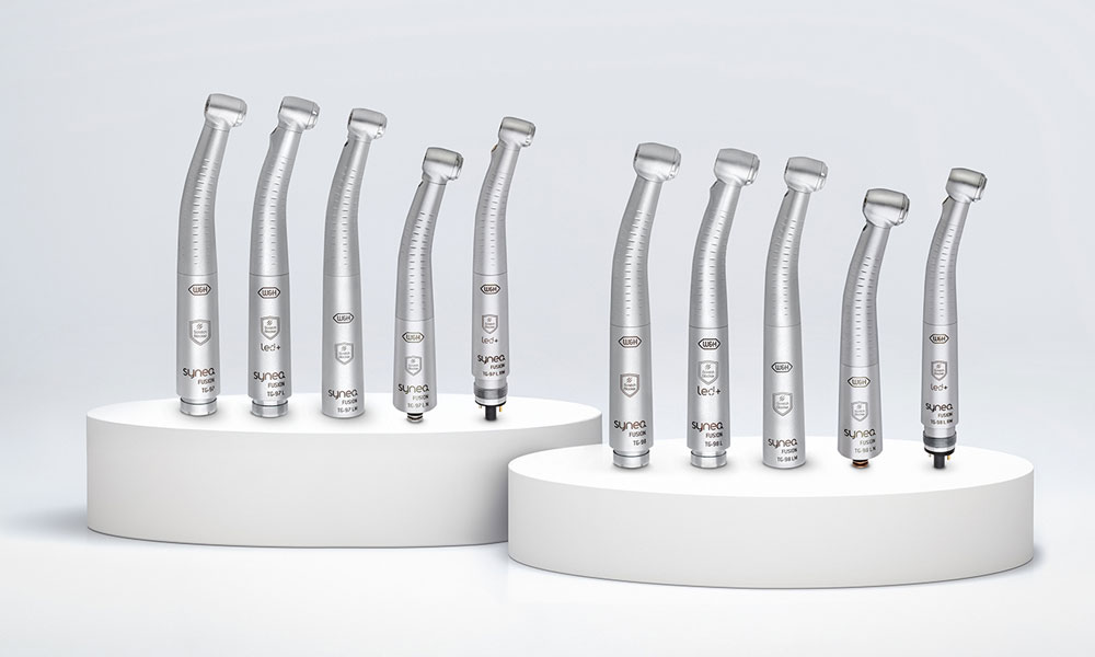 Synea Fusion turbine range standing upright on two oval white bases.