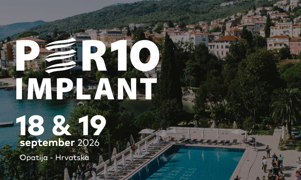 Perio Implant 2026 event banner featuring a coastal view of Opatija, Croatia.