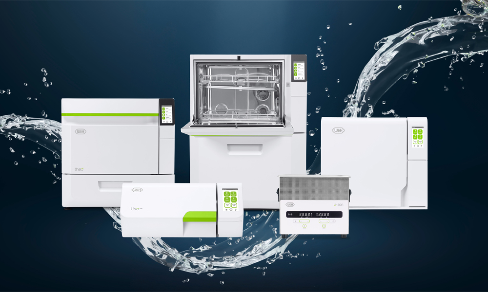 Die neuen Hygiene- und Wiederaufbereitungsprodukte von W&H, vor einem dunkelblauen Hintergrund.