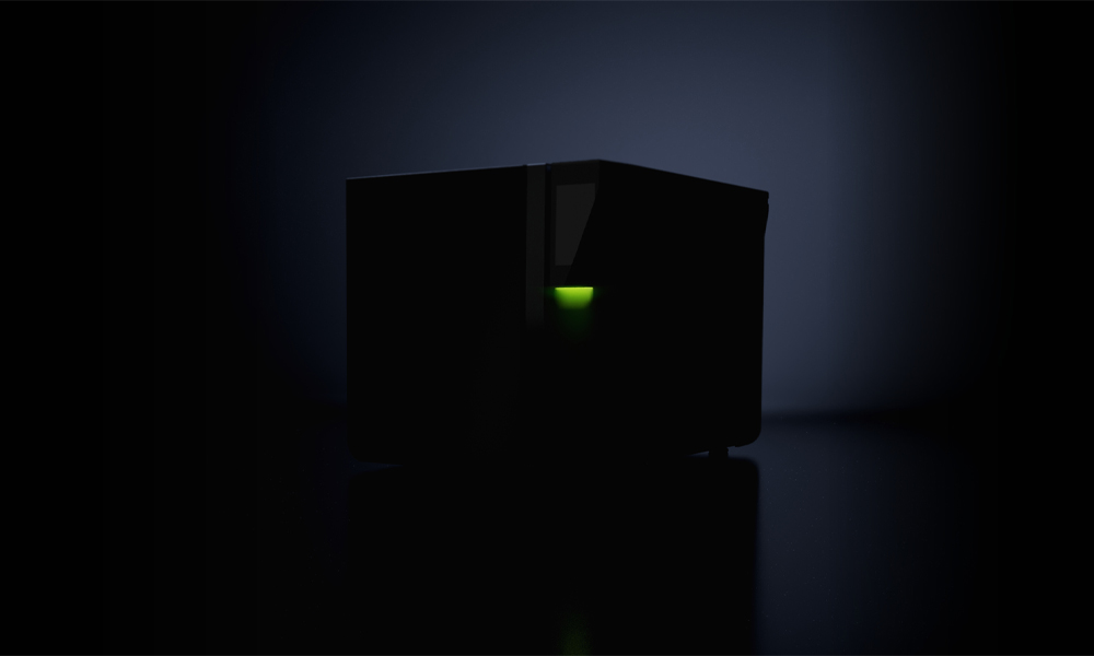 Sterilizer in an atmospheric dark environment; individual contours and a green light element are visible through a soft glow.