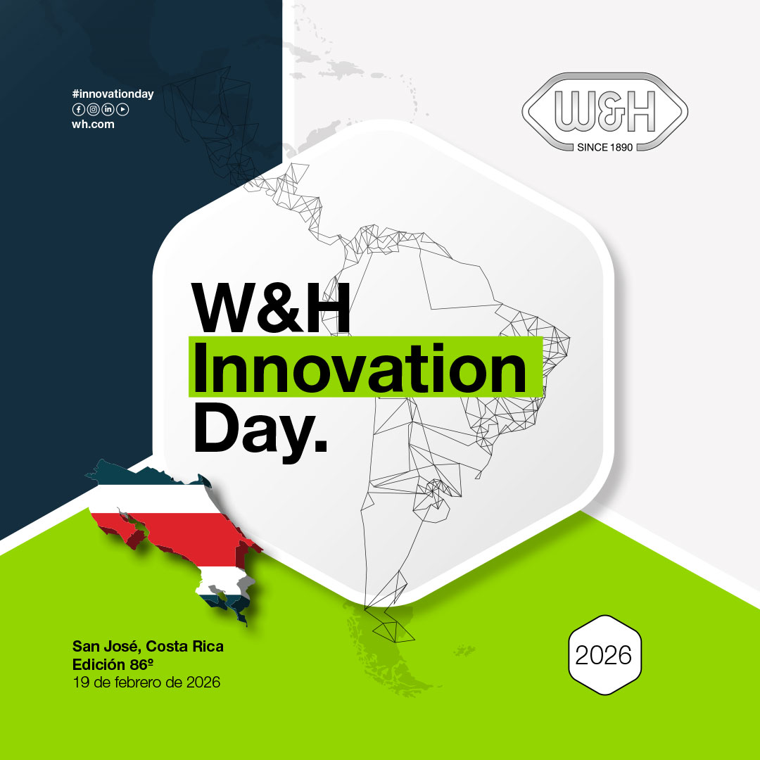 Promotional image for W&H Innovation Day featuring a stylized map of Latin America highlighting Costa Rica, announcing the 86th edition in San José on February 19, 2026.