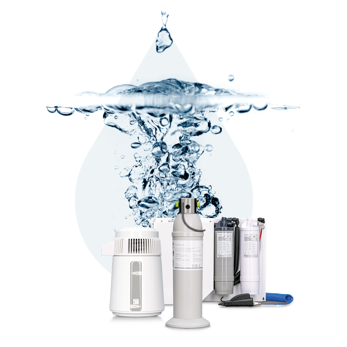 Wasseraufbereitungsgeräte (Multidem, Osmo, Dist) mit Wasser-Tropfen-Sujet