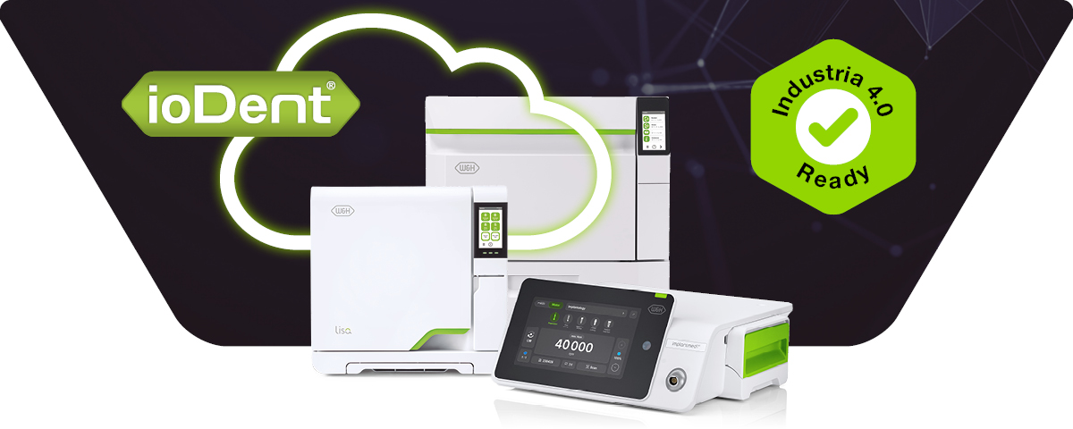 Grafica Industria 4.0 con la piattaforma ioDent® che include strumenti dentistici W&H, uno sterilizzatore Lisa, un termodisinfettore Thed e l'apparecchio chirurgico Implantmed Plus II. La struttura del cloud simboleggia la connessione digitale, i flussi di lavoro intelligenti e la promozione delle attività dell'industria 4.0 italiana.