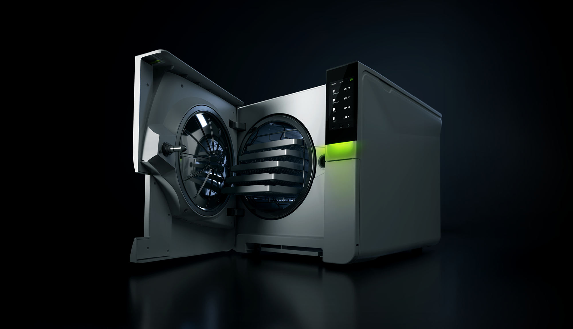 Banner showing a closed and an open W&H Lisa sterilizer against a dark background. The closed device on the left features an illuminated green status light, while the open device on the right reveals the sterilization chamber with loaded trays. A green arrow in the center symbolizses the video play functionality.