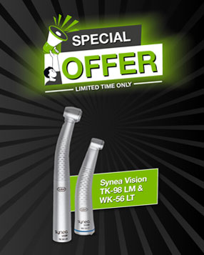 Synea Vision turbine and contra-angle handpiece on green background