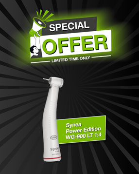 Synea Power Edition contra-angle handpiece on green background