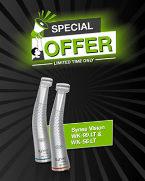 Synea Vision contra-angle handpieces on green background