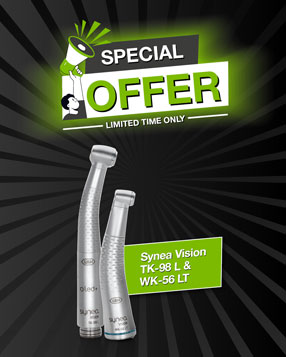 Synea Vision turbine and contra-angle handpiece on green background