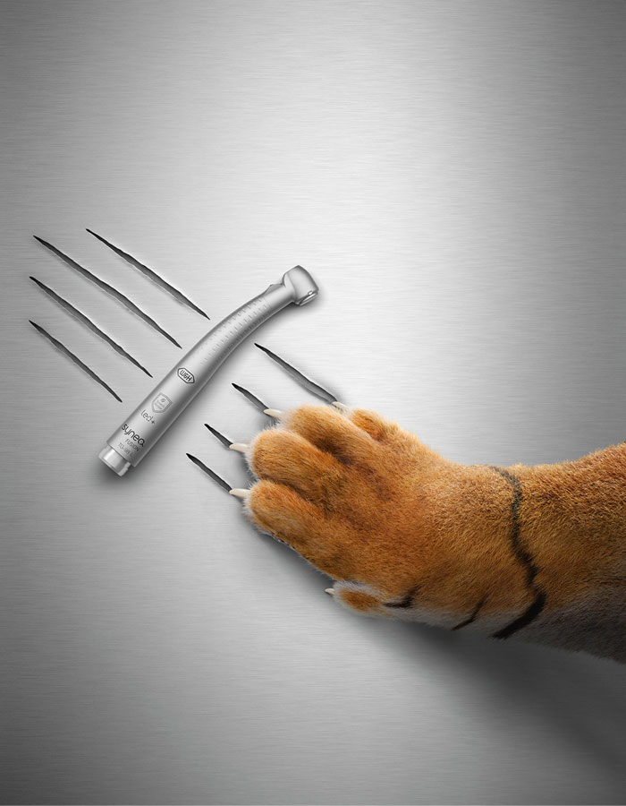 A tiger's paw leaves scratch marks on the ground, the Synea Fusion turbine shows no scratch marks.