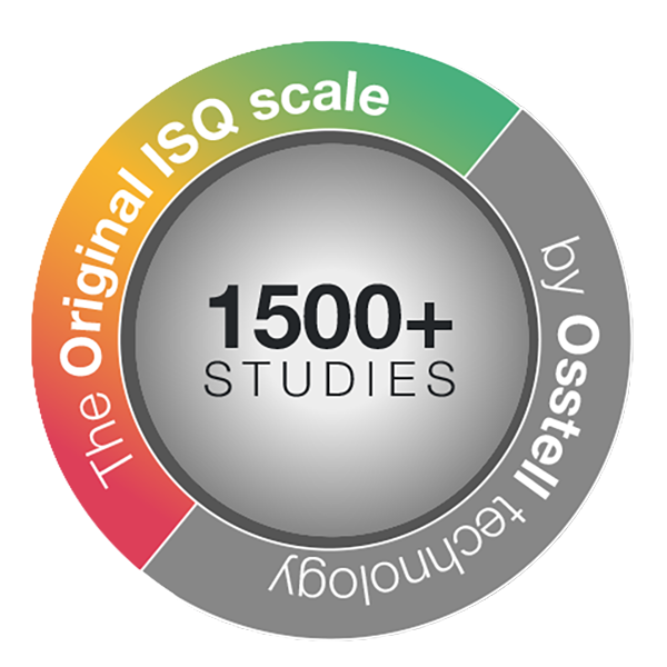 Circle with a border half in the traffic light colours of the original Osstell ISQ scale and half in gray with the text "by Osstell technology". Inner circle with the text 1500+ STUDIES.