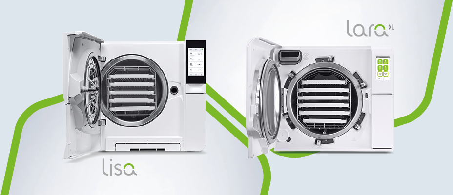 W&H Lisa and Lara XL sterilizers with open chambers and visible instrument trays on a light gray background.  