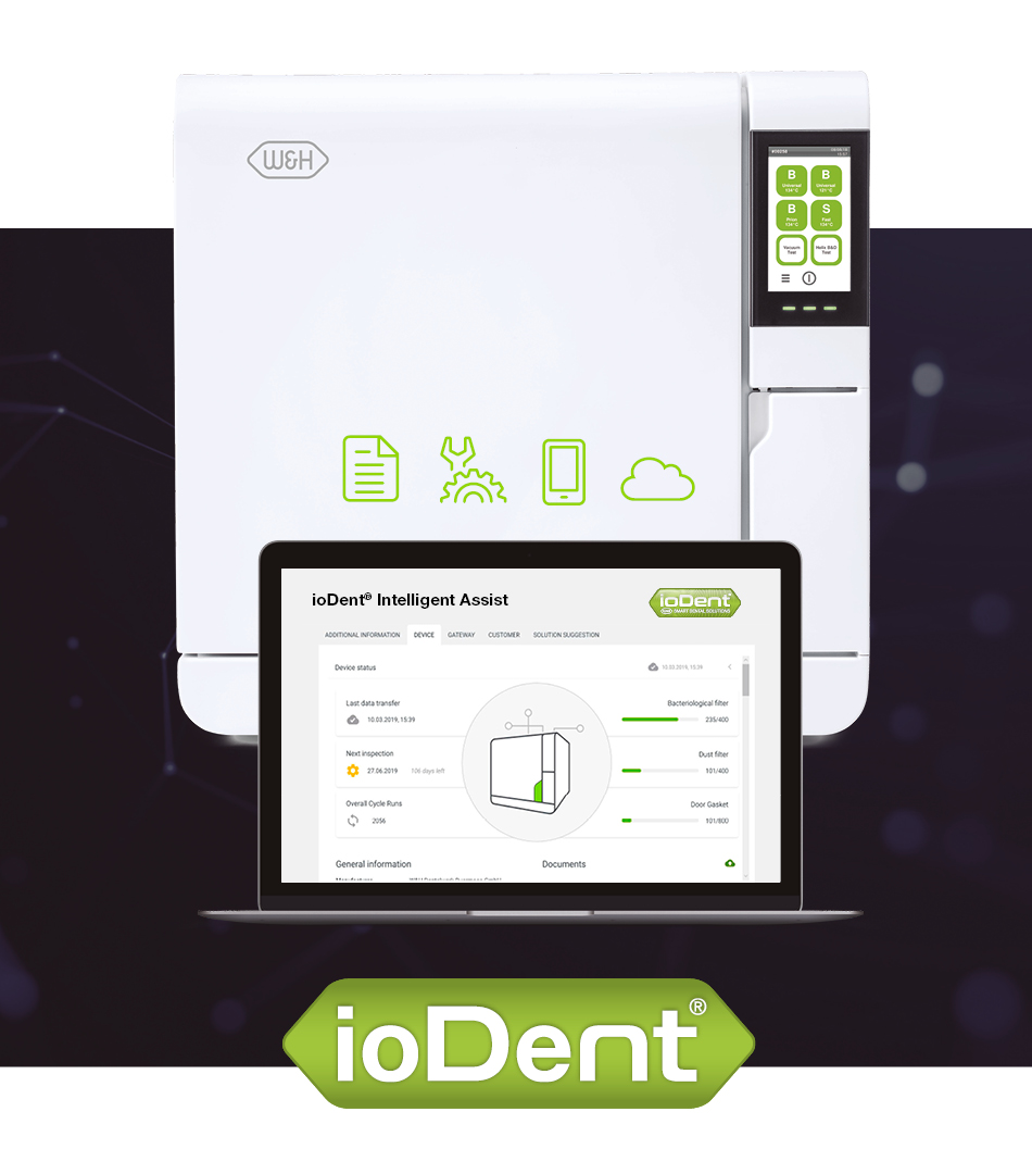 Lo sterilizzatore W&H, collegato alla piattaforma ioDent®, è mostrato accanto a un laptop che visualizza la dashboard ioDent Intelligent Assist per il monitoraggio e la documentazione del dispositivo.