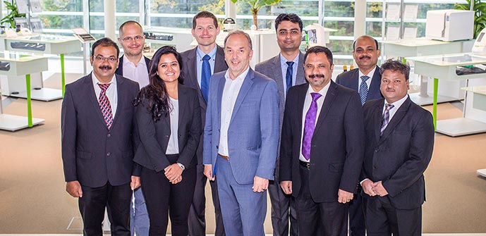 From left to right:  Bharaneedharan (In House Engineer), Klaus Maier (Member of the W&H Management Board), Parimala Murthy (Manager Operations), Bastian Diebald (W&H Sales and Marketing Director), Peter Malata (W&H Managing Director), Anshul Gupta (Regional Sales Manager – North), Raghavan Radhakrishnan (General Manager of W&H India and Planmeca India), Sandip Bhattarcharya (Regional Sales Manager – East), Deepak Mahale (Regional Sales Manager – West).