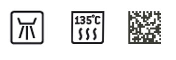 (à gauche) Thermo désinfectable - (au milieu) Stérilisable à 135 °C - (à droite) code <br>Data Matrix 