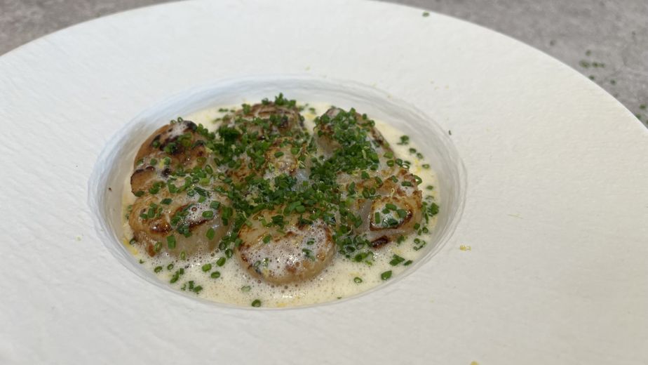 Goldbraun gebratene Jakobsmuscheln, angerichtet in einem tiefen weißen Teller mit einer schaumigen Wermut-Sherry-Sauce. Das Gericht ist großzügig mit fein gehacktem Schnittlauch garniert.