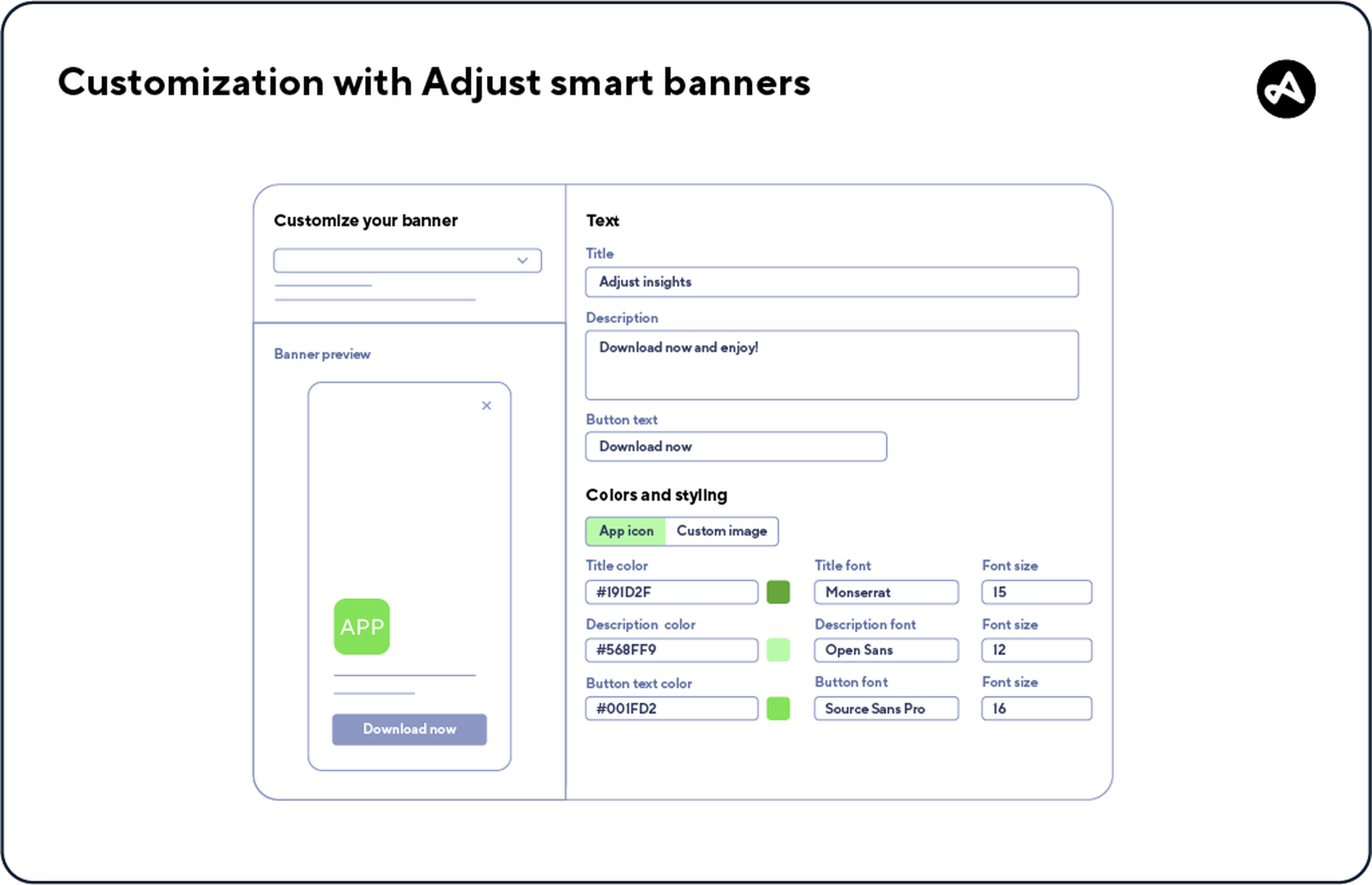 The customization options available for Adjust smart banners