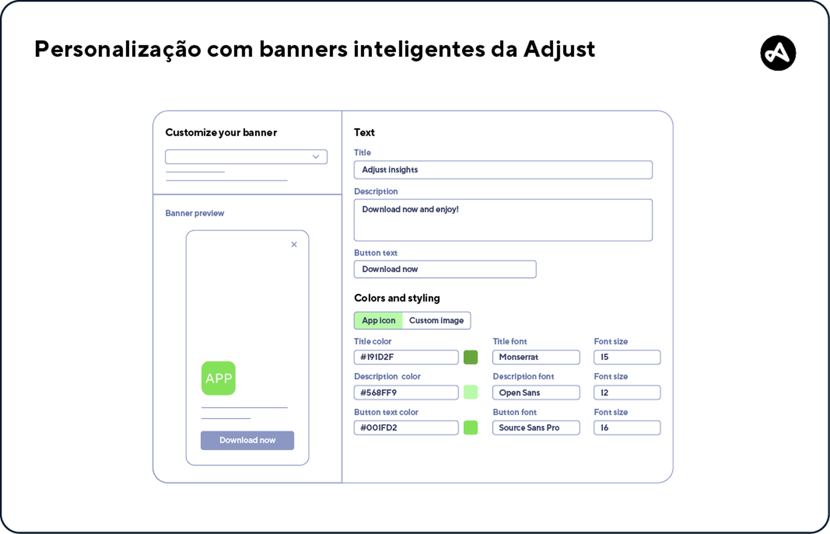 Opções de customização disponíveis para banners inteligentes da Adjust