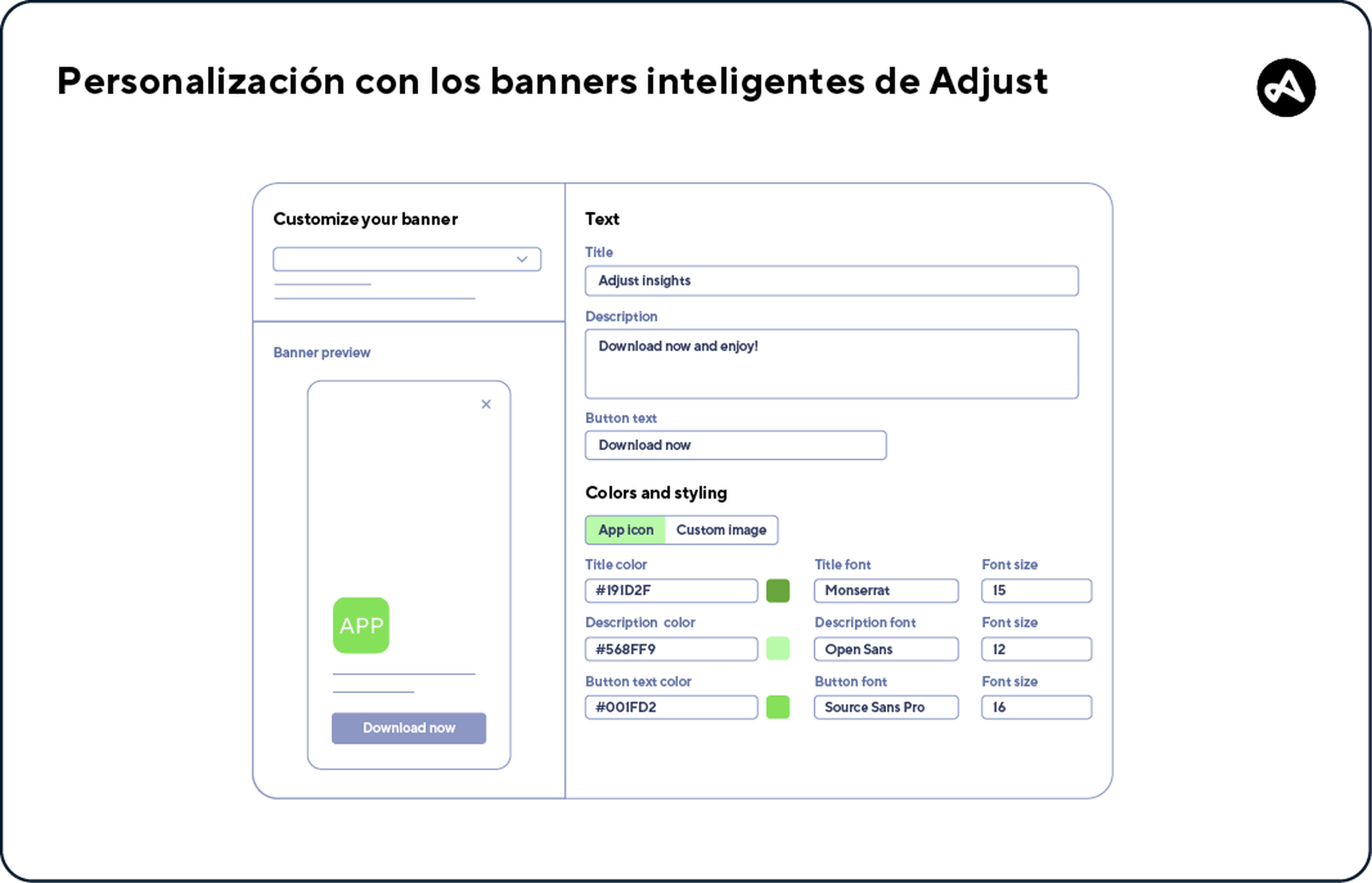 Opciones de personalización disponibles para los banners inteligentes de Adjust