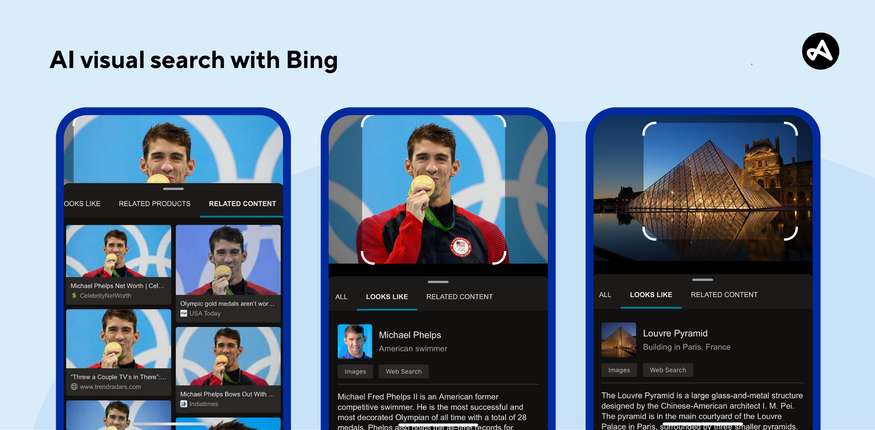 Examples of visual search with AI using the Bing app during the Paris Olympics.