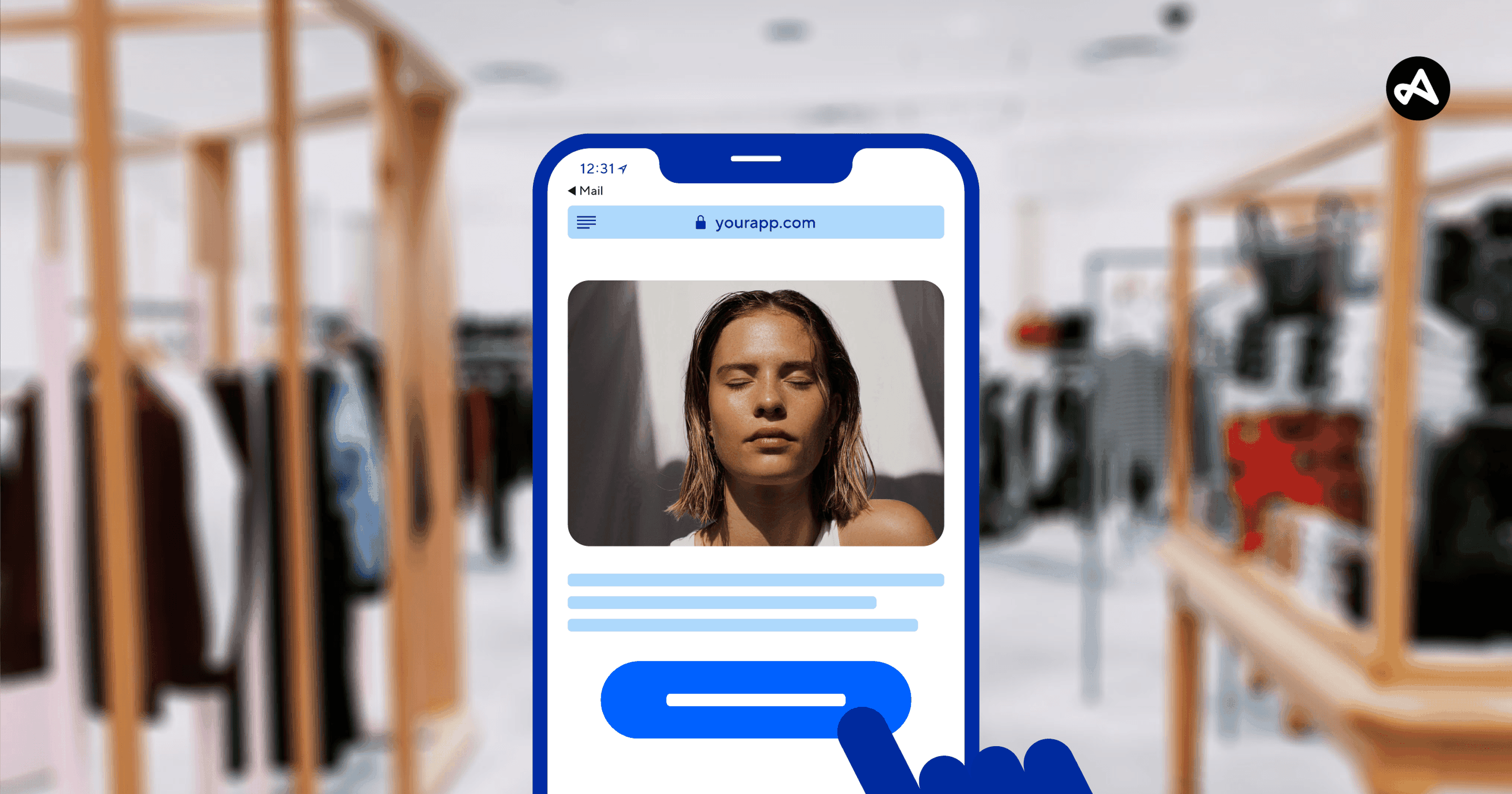 A phone preview of a web link against the backdrop of a retail store
