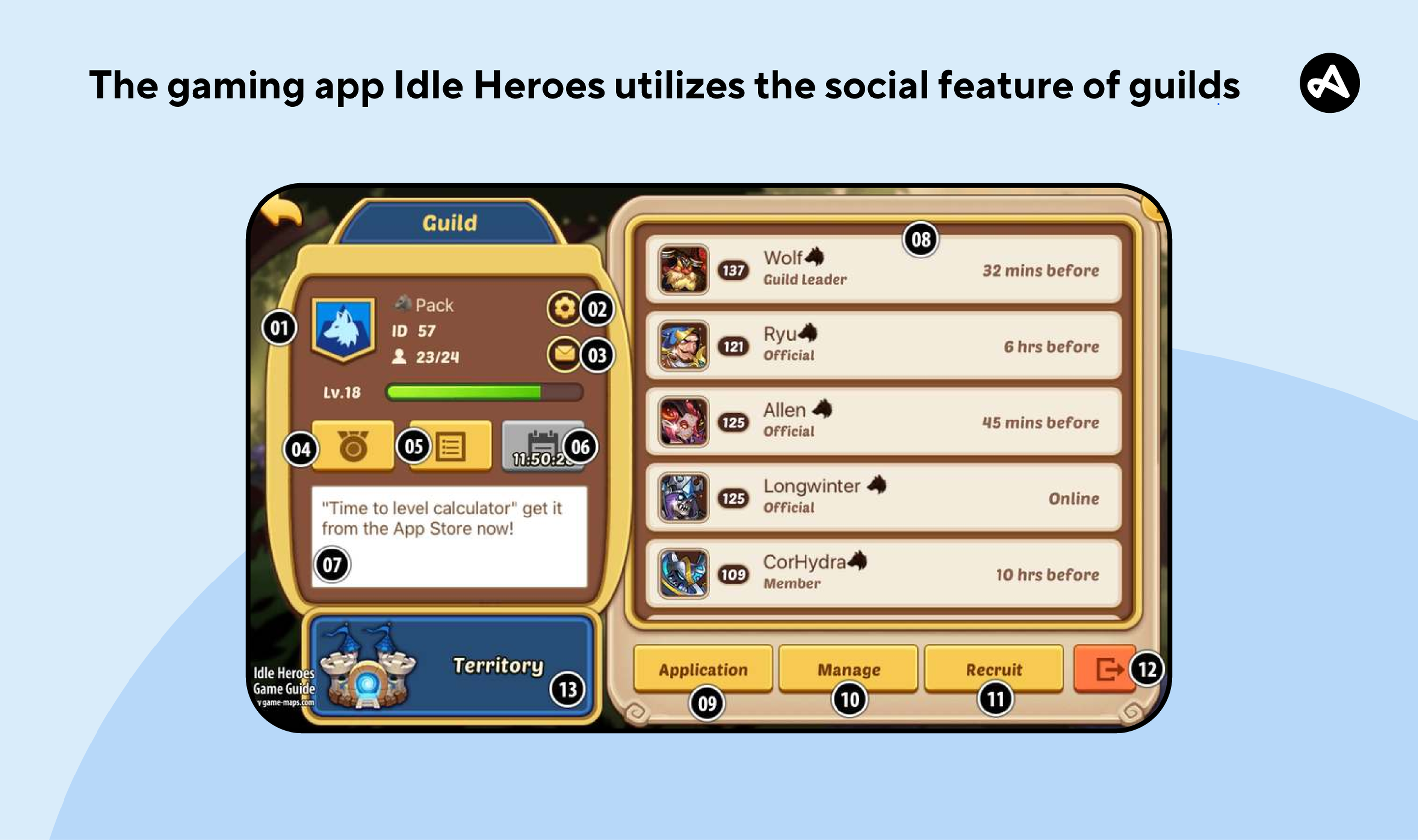 Gaming app example utilizing the social feature of guilds