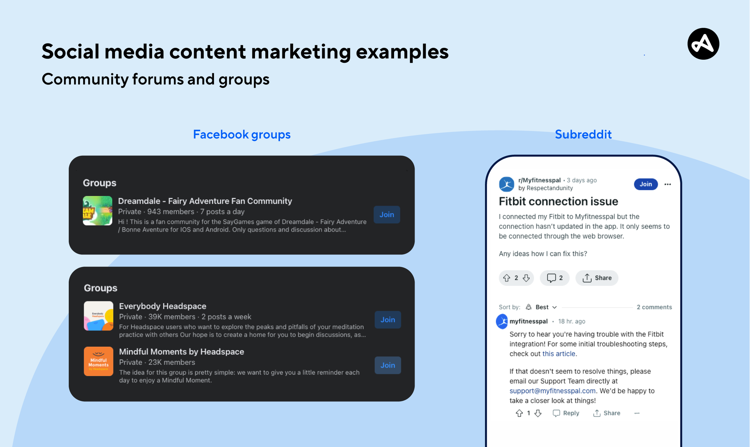 Social media content marketing community forums and groups examples for mobile apps.