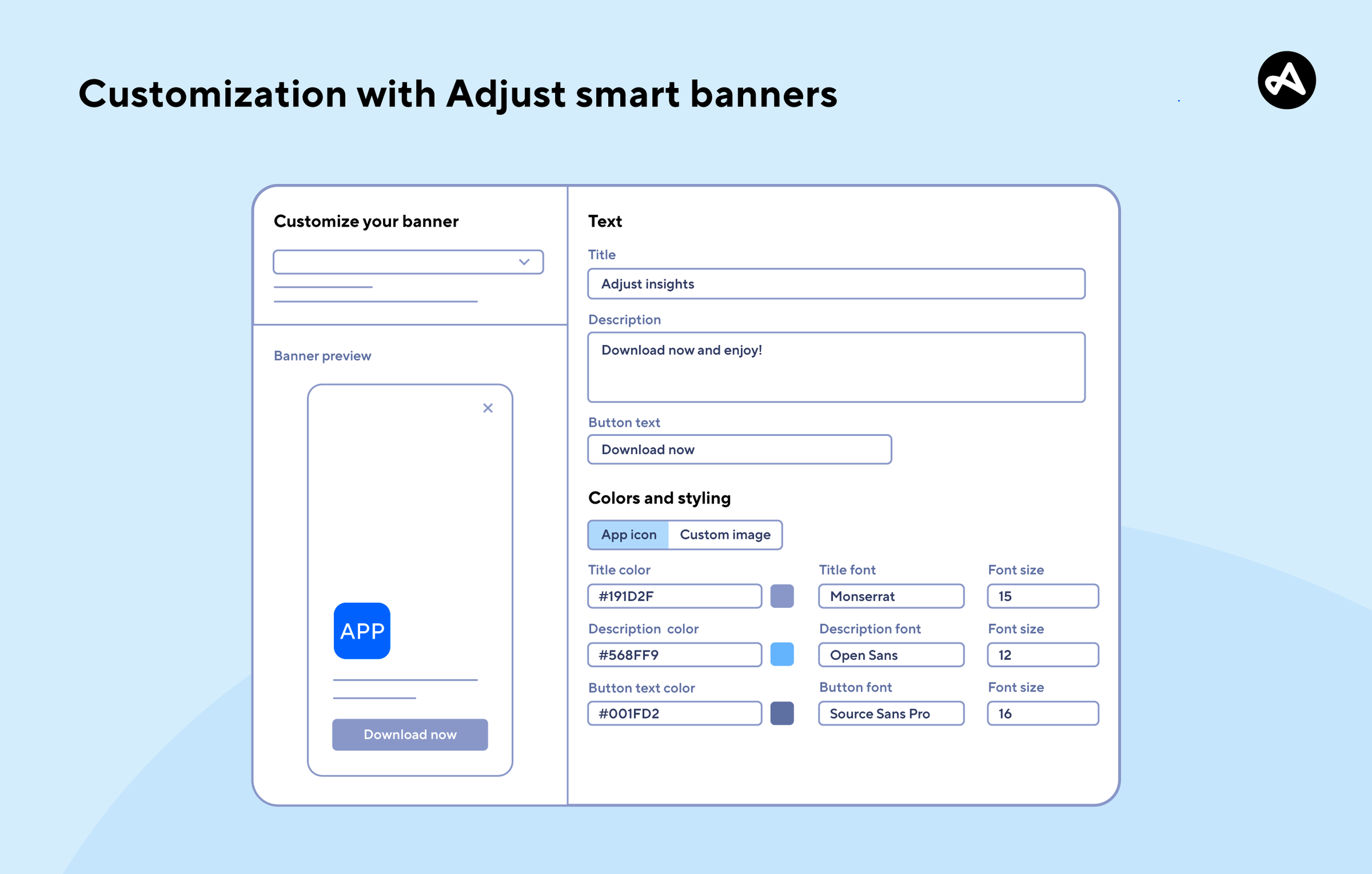 Visual representation of Adjust's smart banner customization screen - where imagery, text, font, colors, and button can be customized