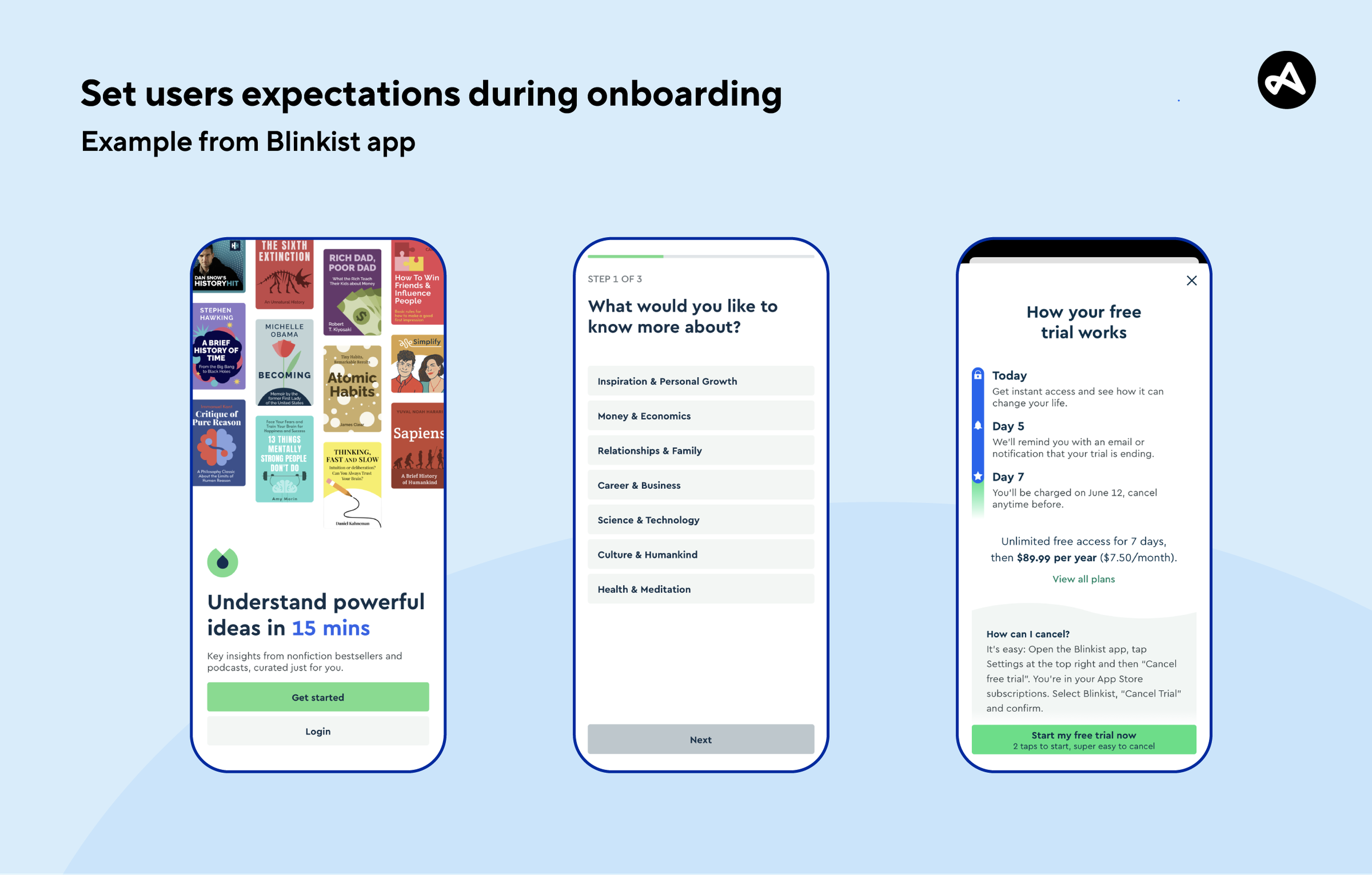 Screenshots of the Blinkist app, an example of setting user expectations during app onboarding.