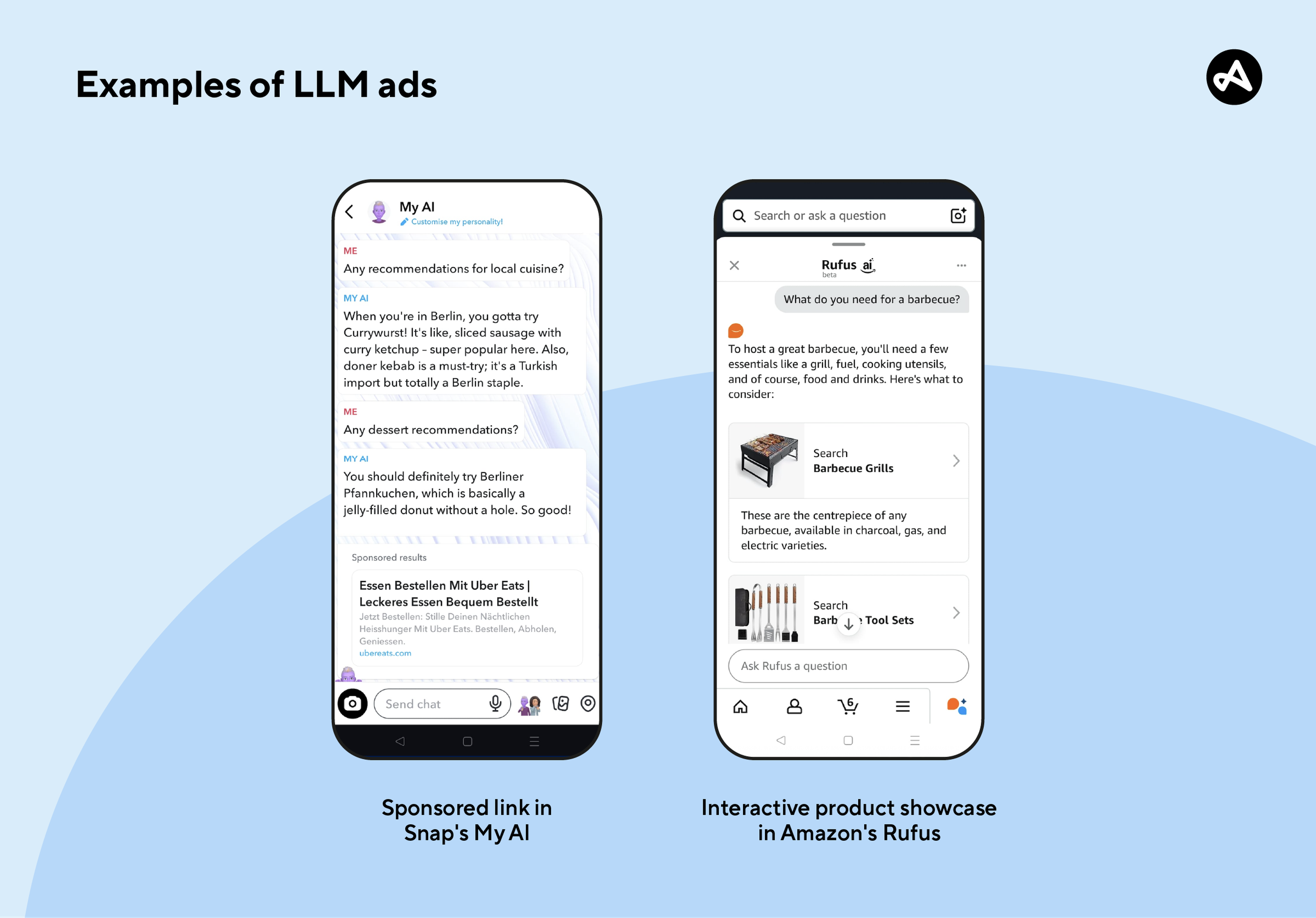 Example of LLM advertising in Snap's My AI and Amazon's Rufus 