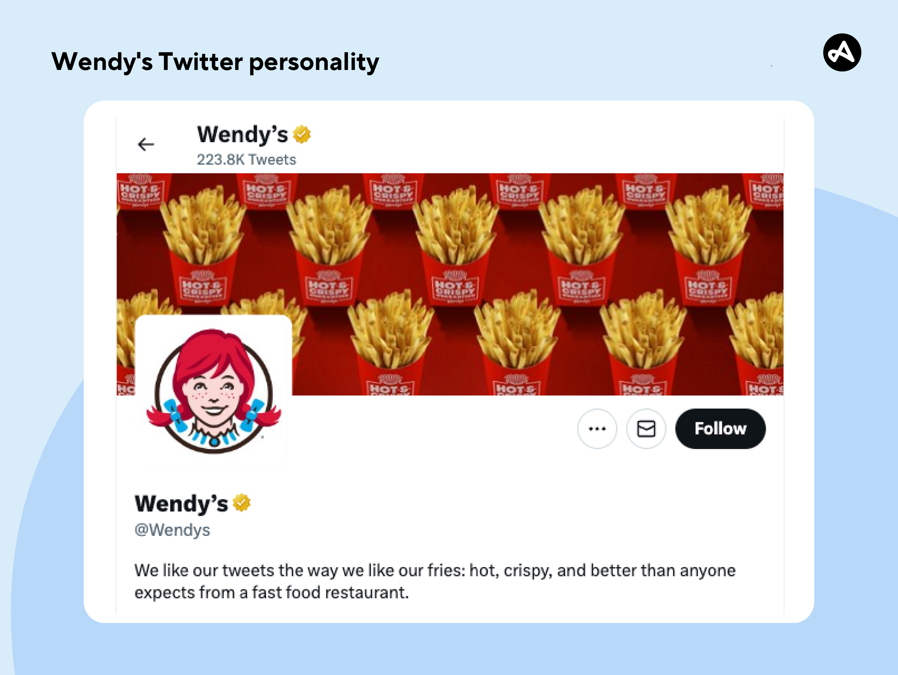Twitter bio of Wendy's showcasing the brand's snarky personality building it's brand identity