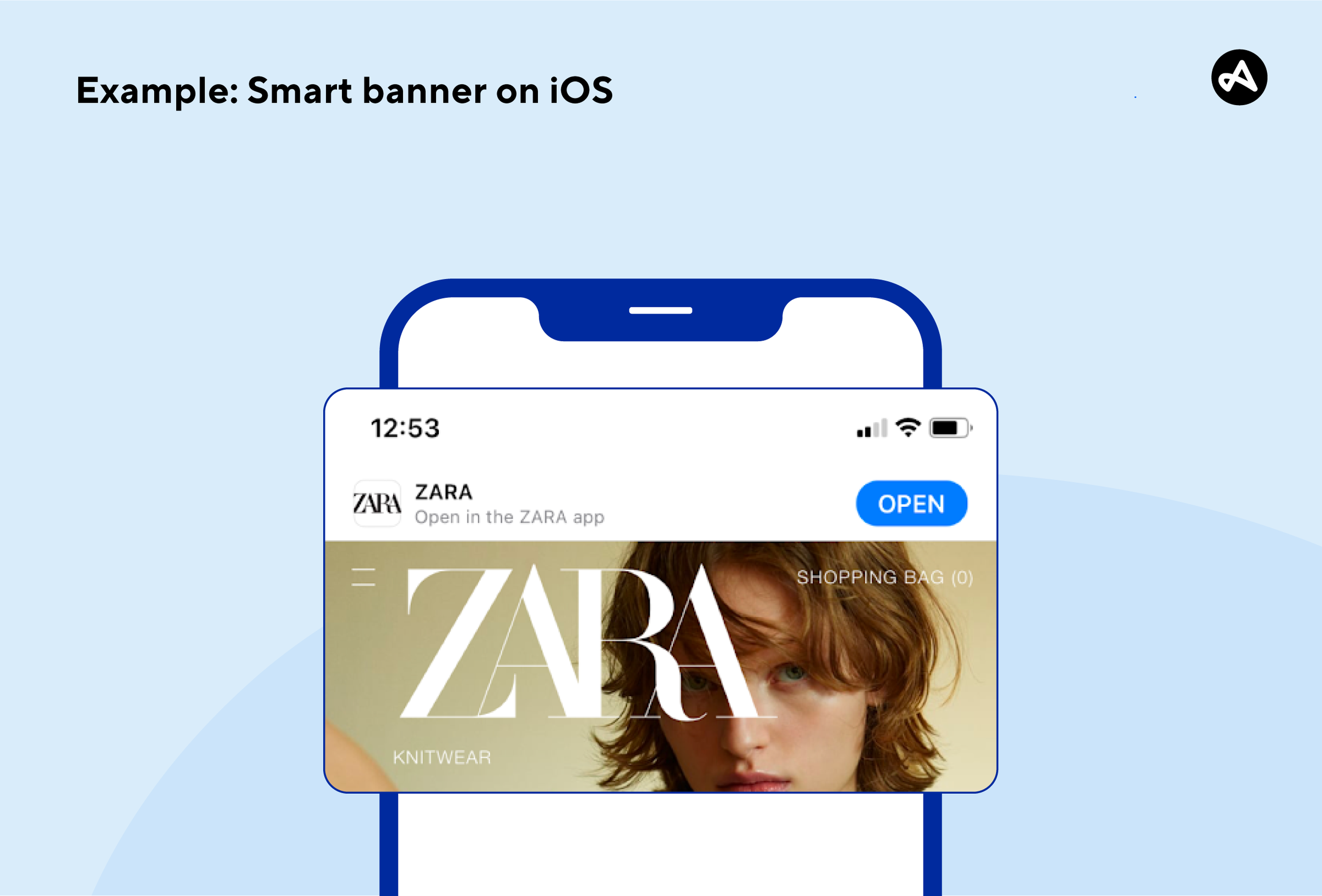 Example of a smart banner - screenshot of the smart banner that appears when the mobile site of the Zara retail store is accessed