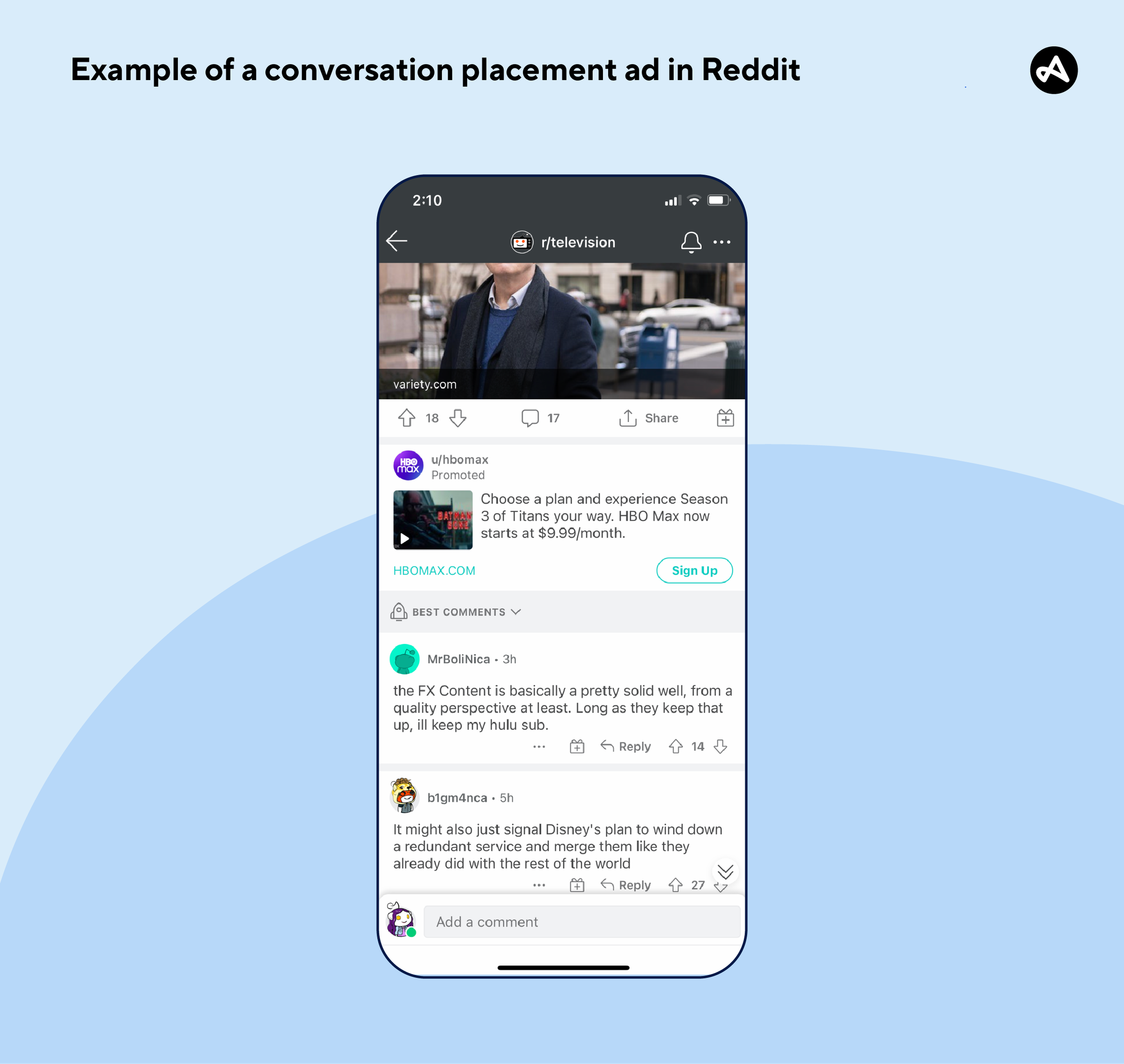 Reddit ad example: Conversation placement ad