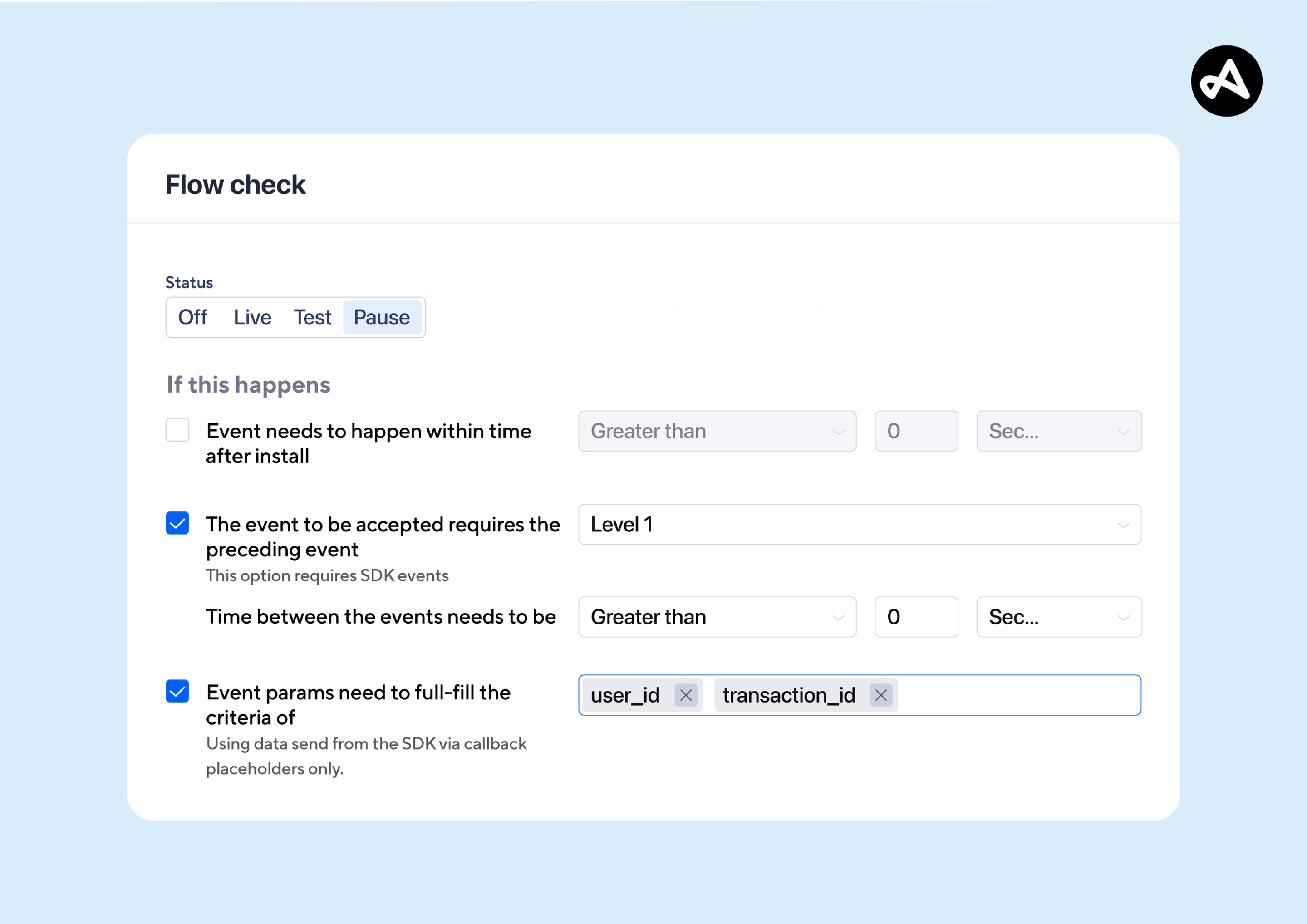 An image of the flow check setup in the Adjust dashboard