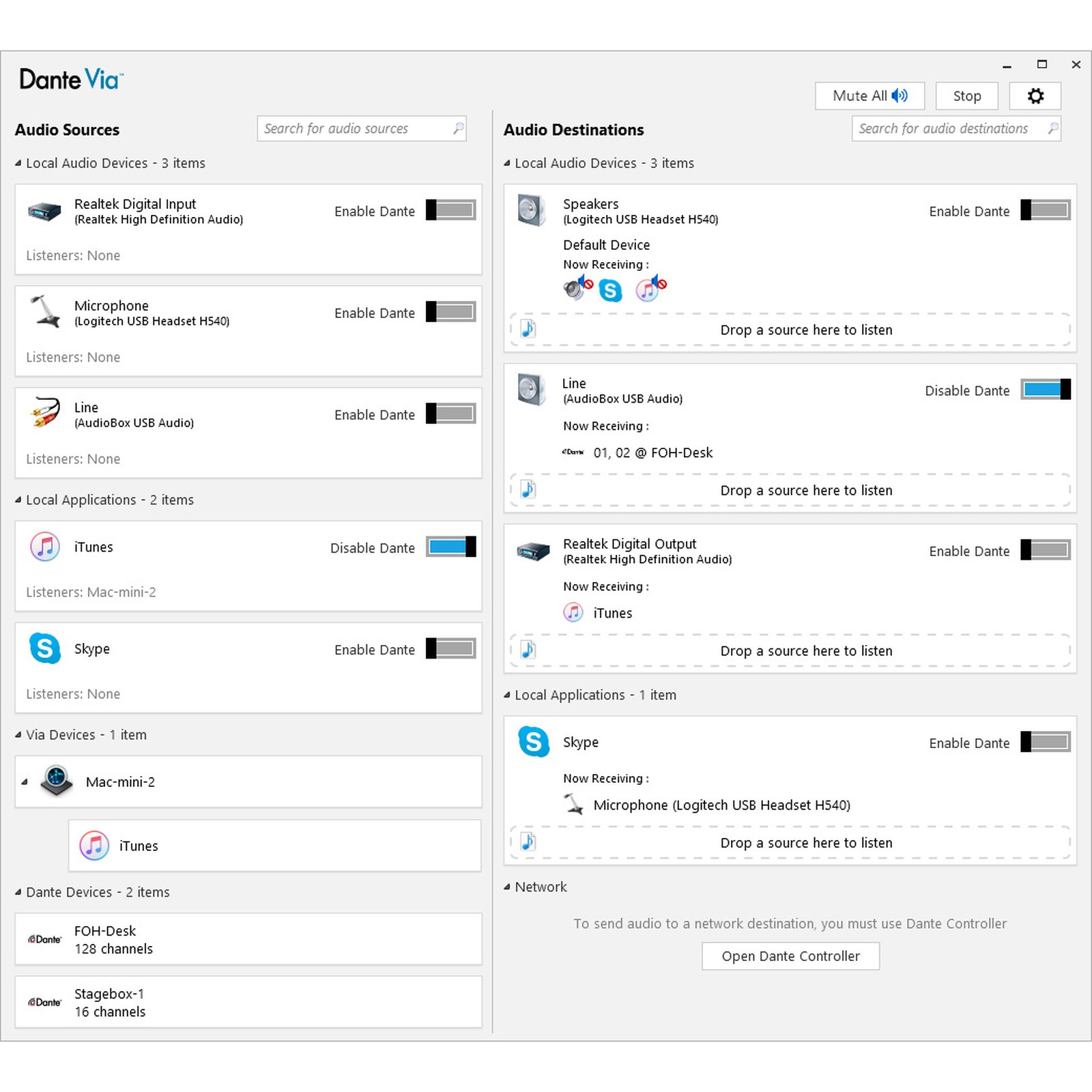 Dante Via Routing Software Main Screen