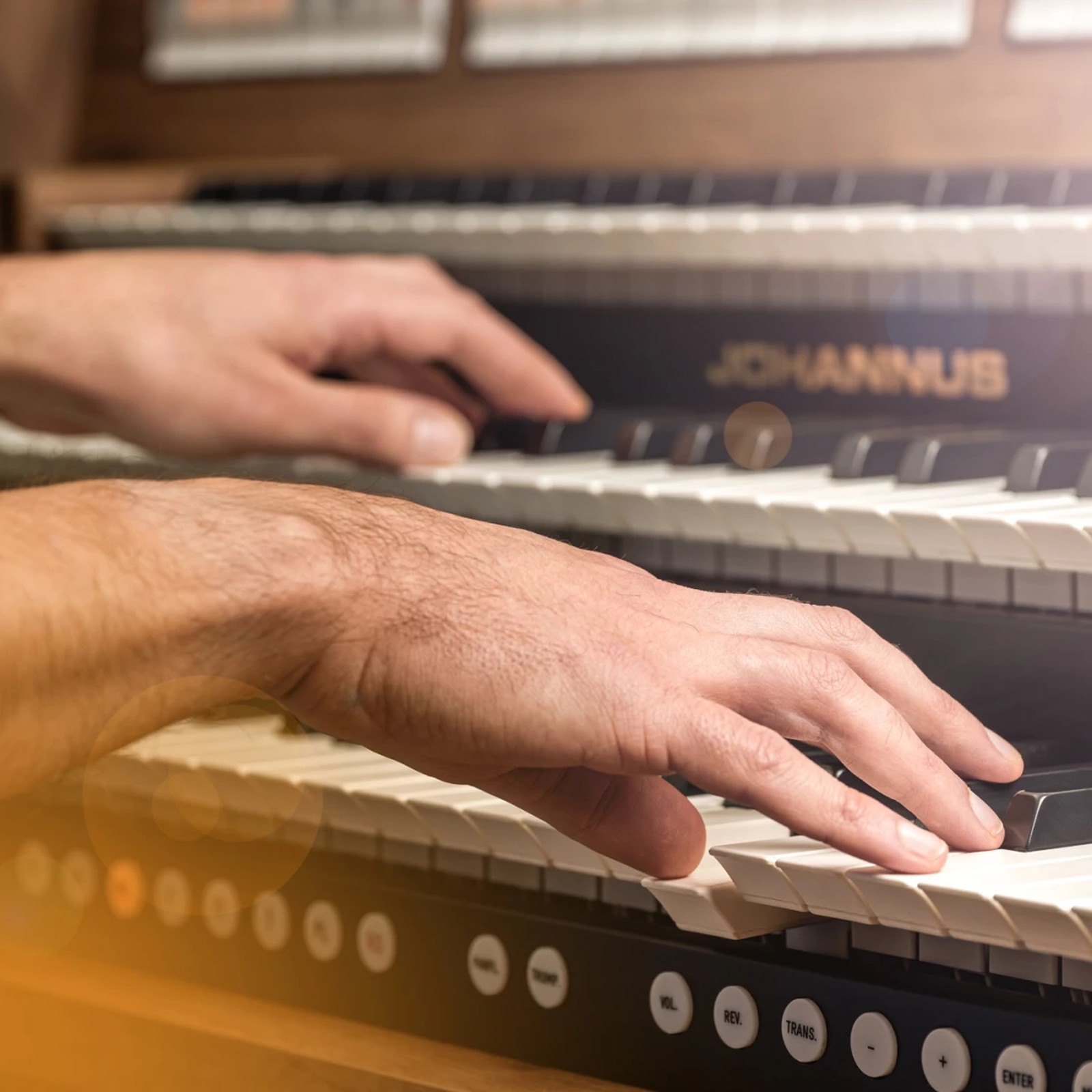Bedienelemente der Johannus Studio 360 Nautilus Teak Hausorgel