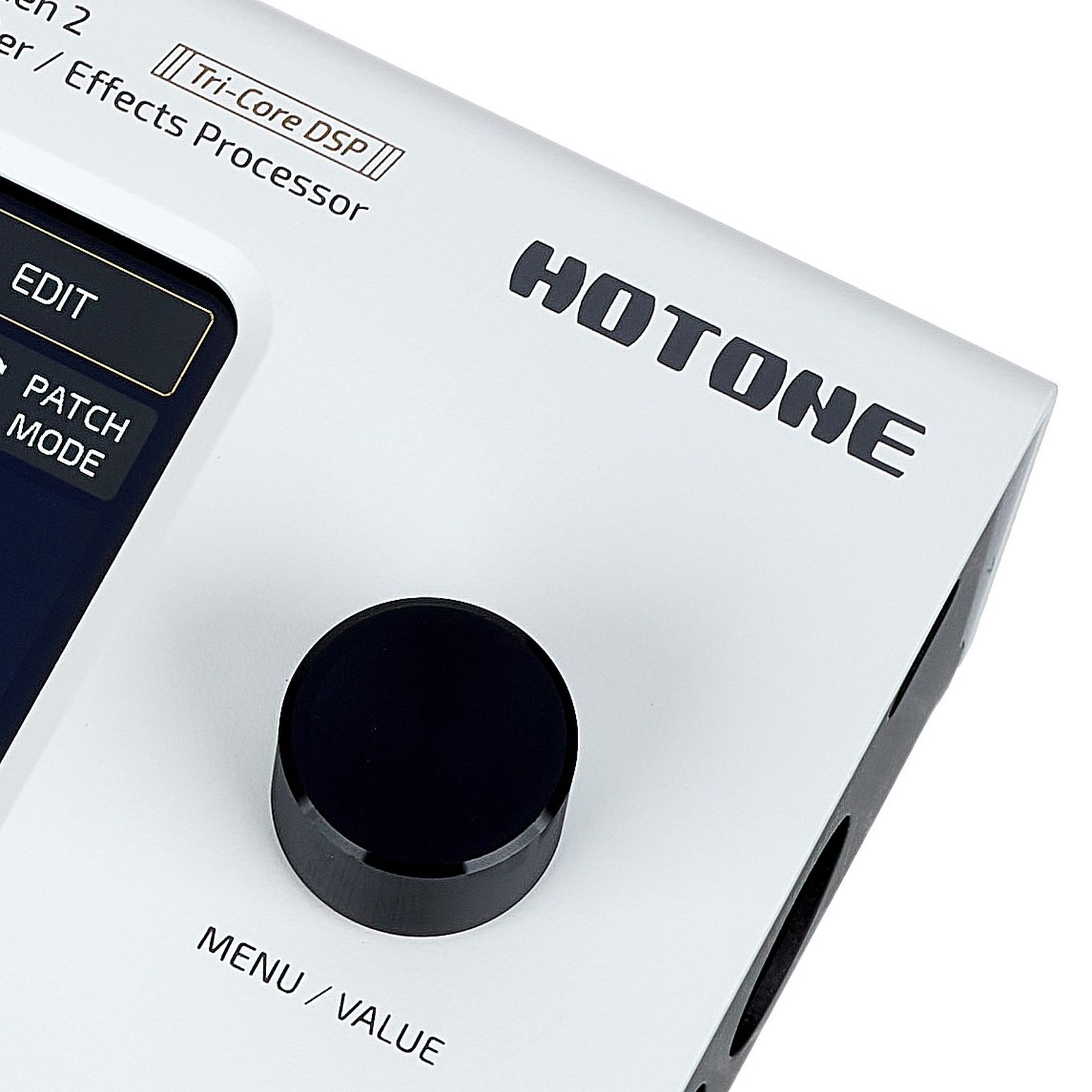 Drehregler und Logo an der Kante des Hotone Ampero II Stomp