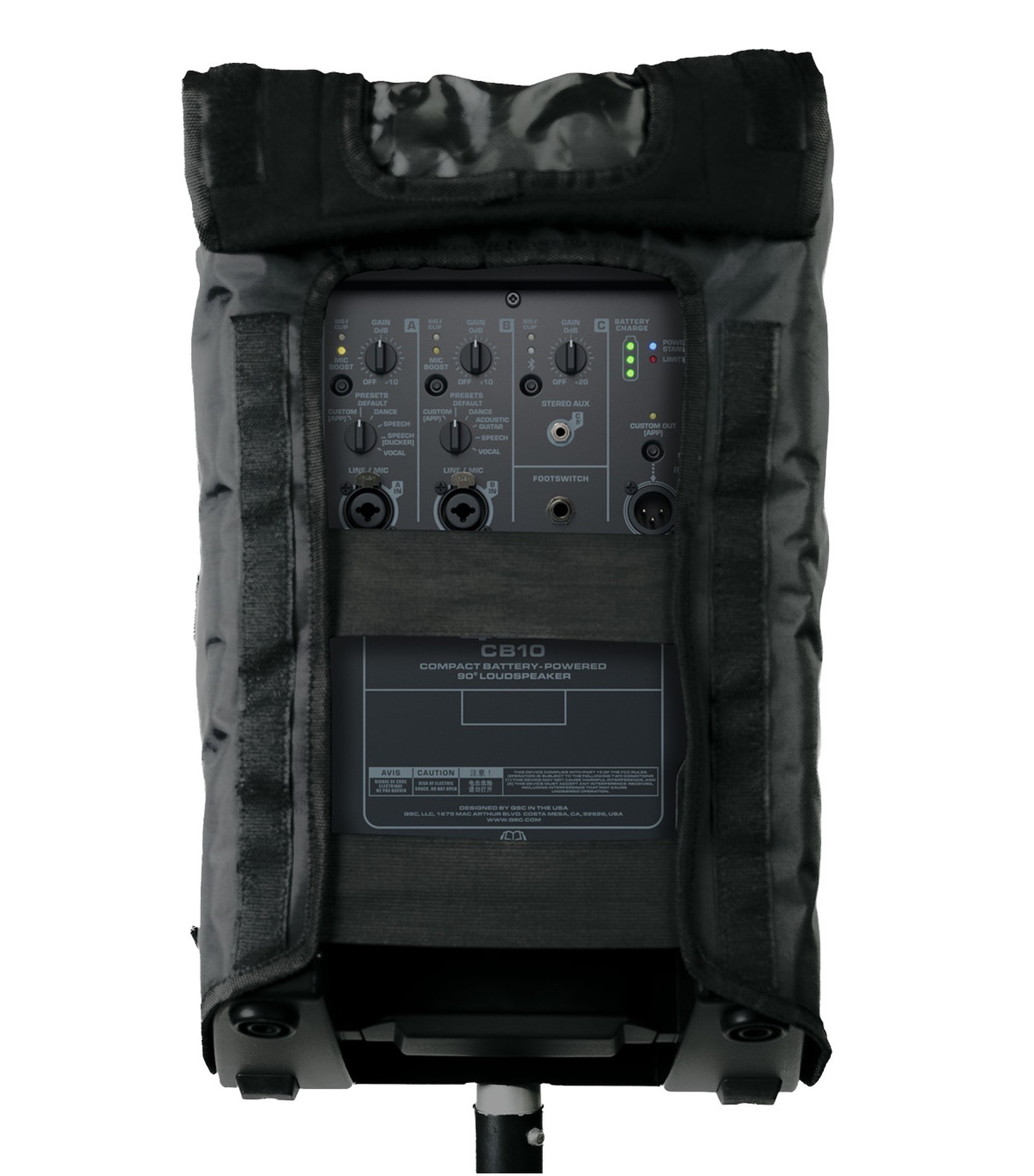 Three-channel controls on the QSC CB10, battery-powered Bluetooth speaker