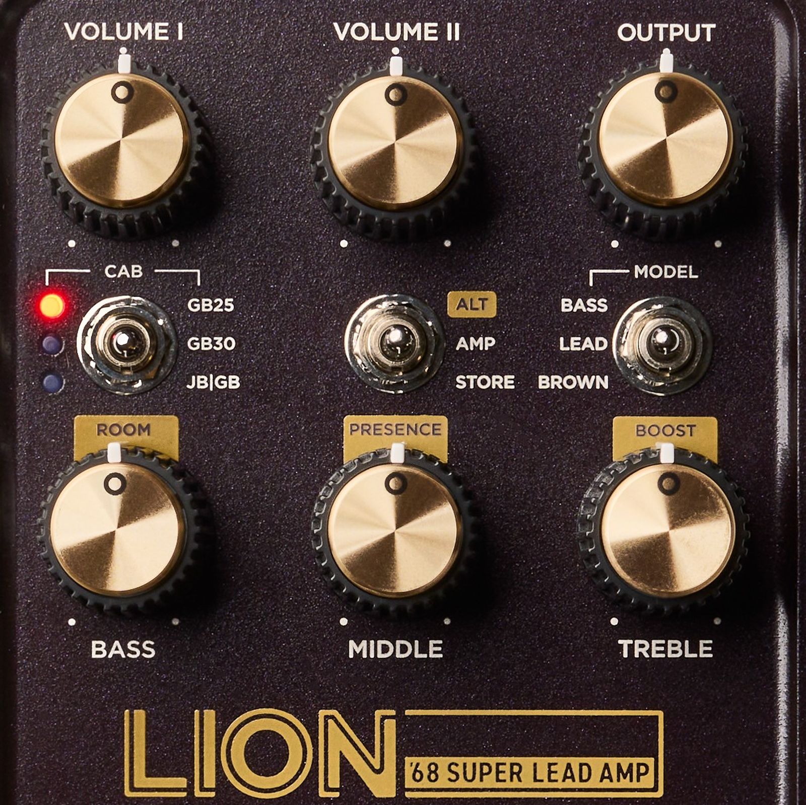 Regler auf der Vorderseite des Universal Audio UAFX Lion 68 Super Lead Amp