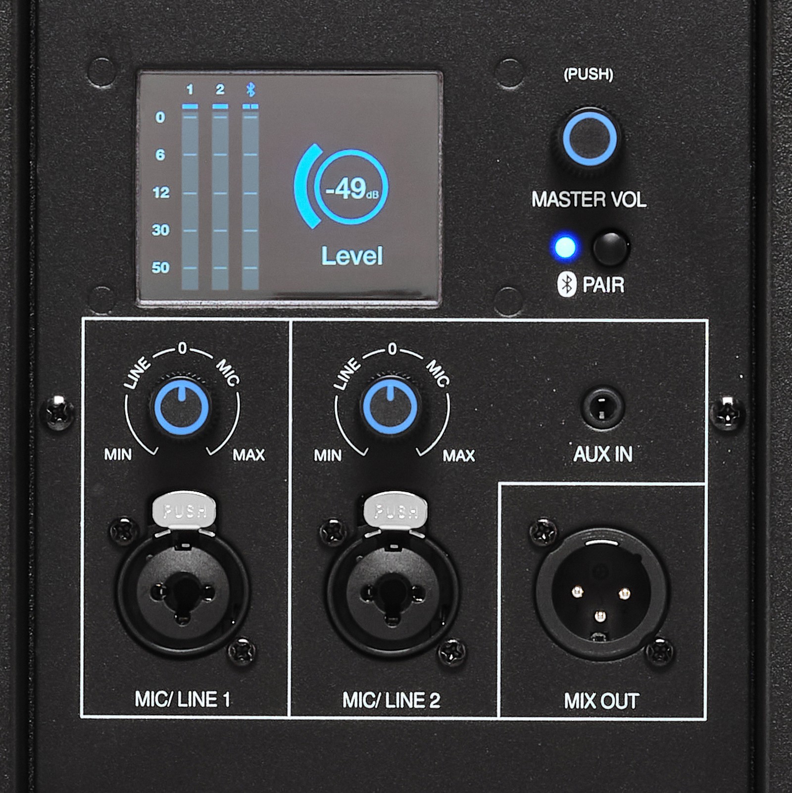 Rückseite des Presonus Air XD 15 mit Anschlüssen und Bedienelementen