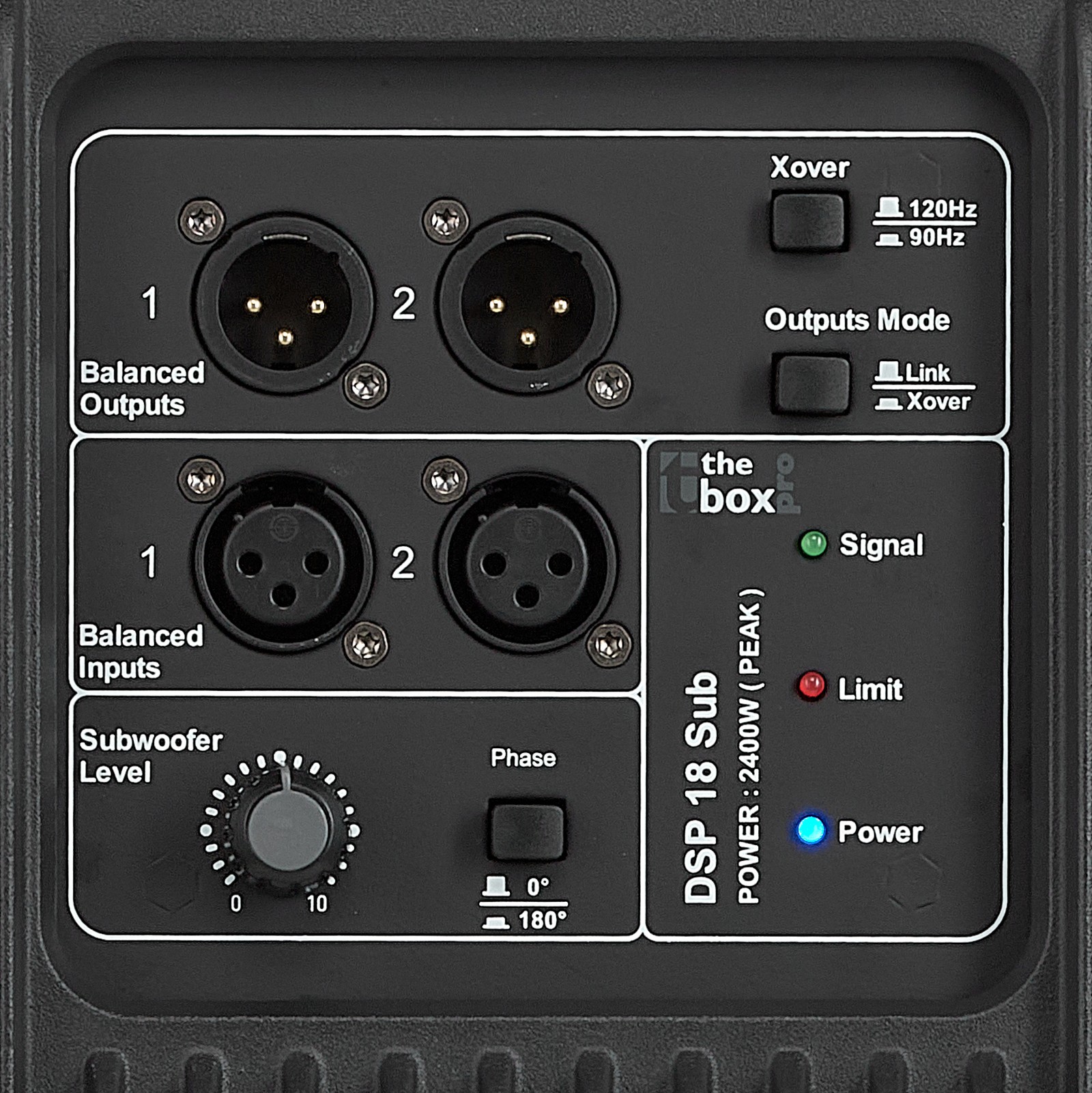 Bedienfeld mit Anschlüssen des aktiven the box pro DSP 18 Sub