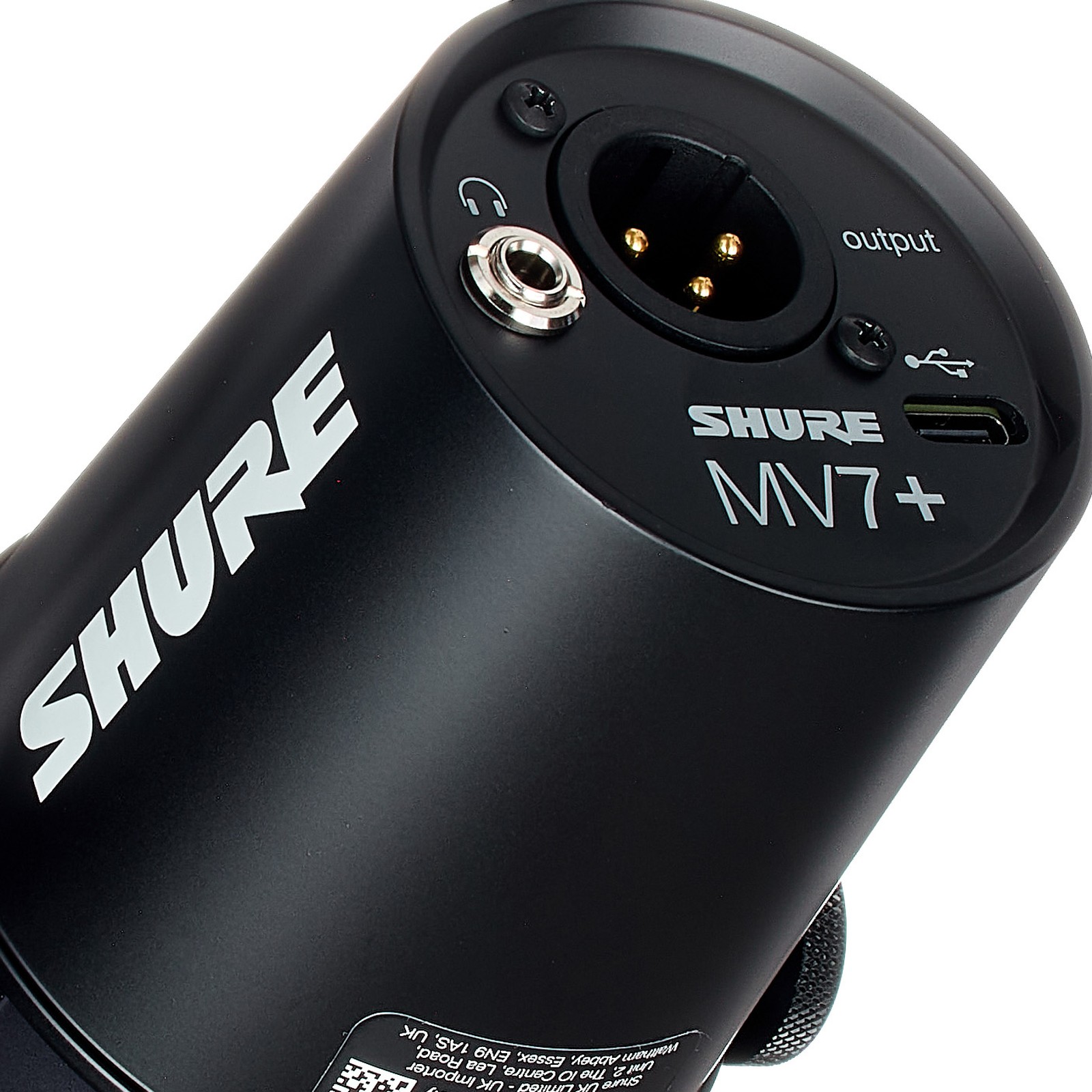 Shure MV7+ Black XLR und USB-C Anschlüsse und ein Kopfhörer  Anschluss
