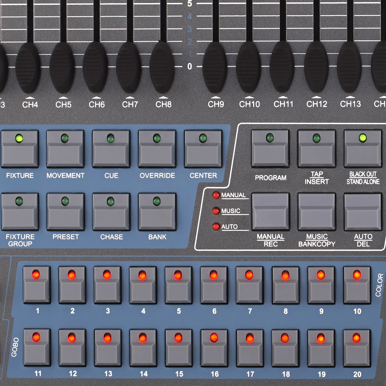 Schalter und Regler des Stairville DMX Invader 2420 MK II Lichtsteuerpult