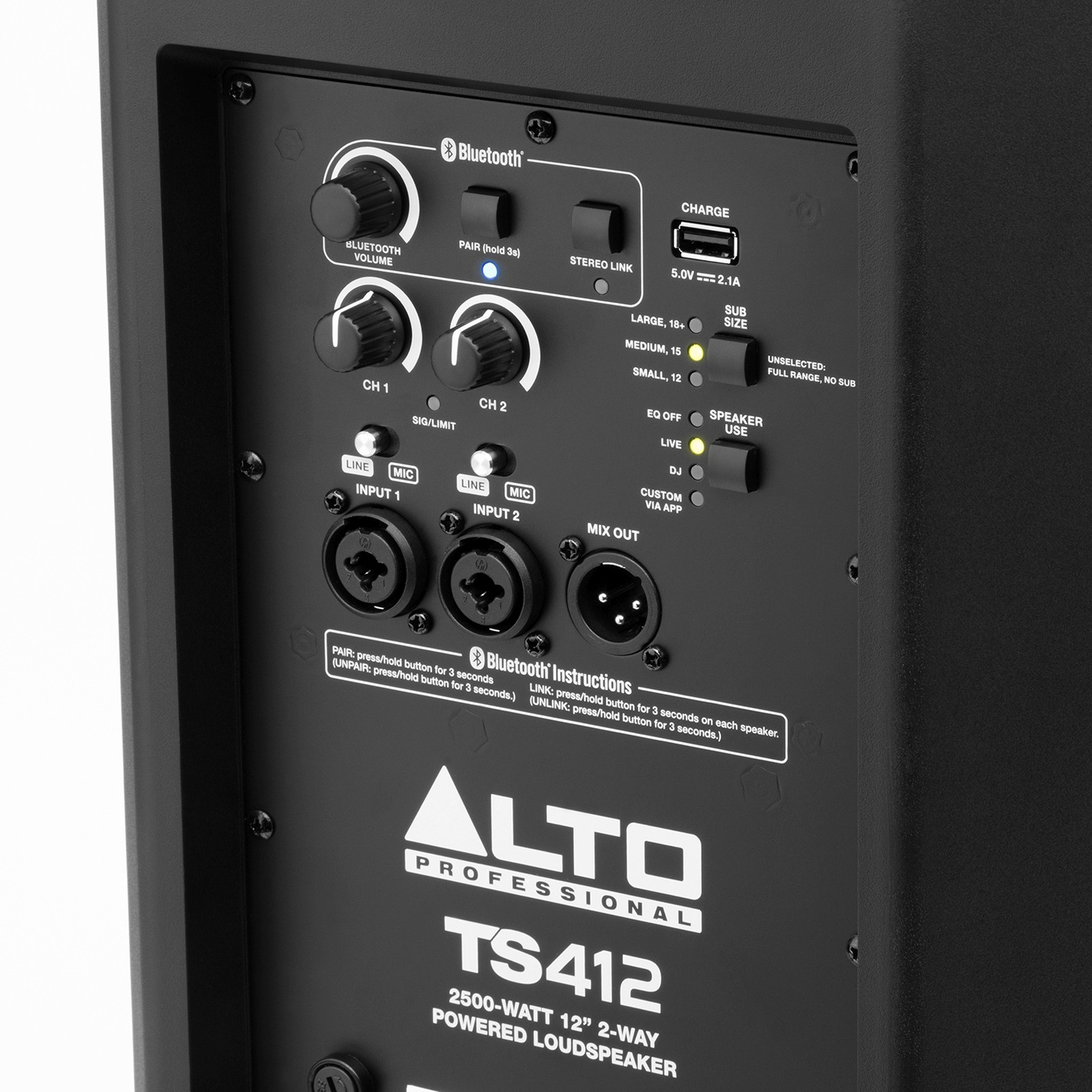 Buttons and connections on the rear of the Alto TS 415