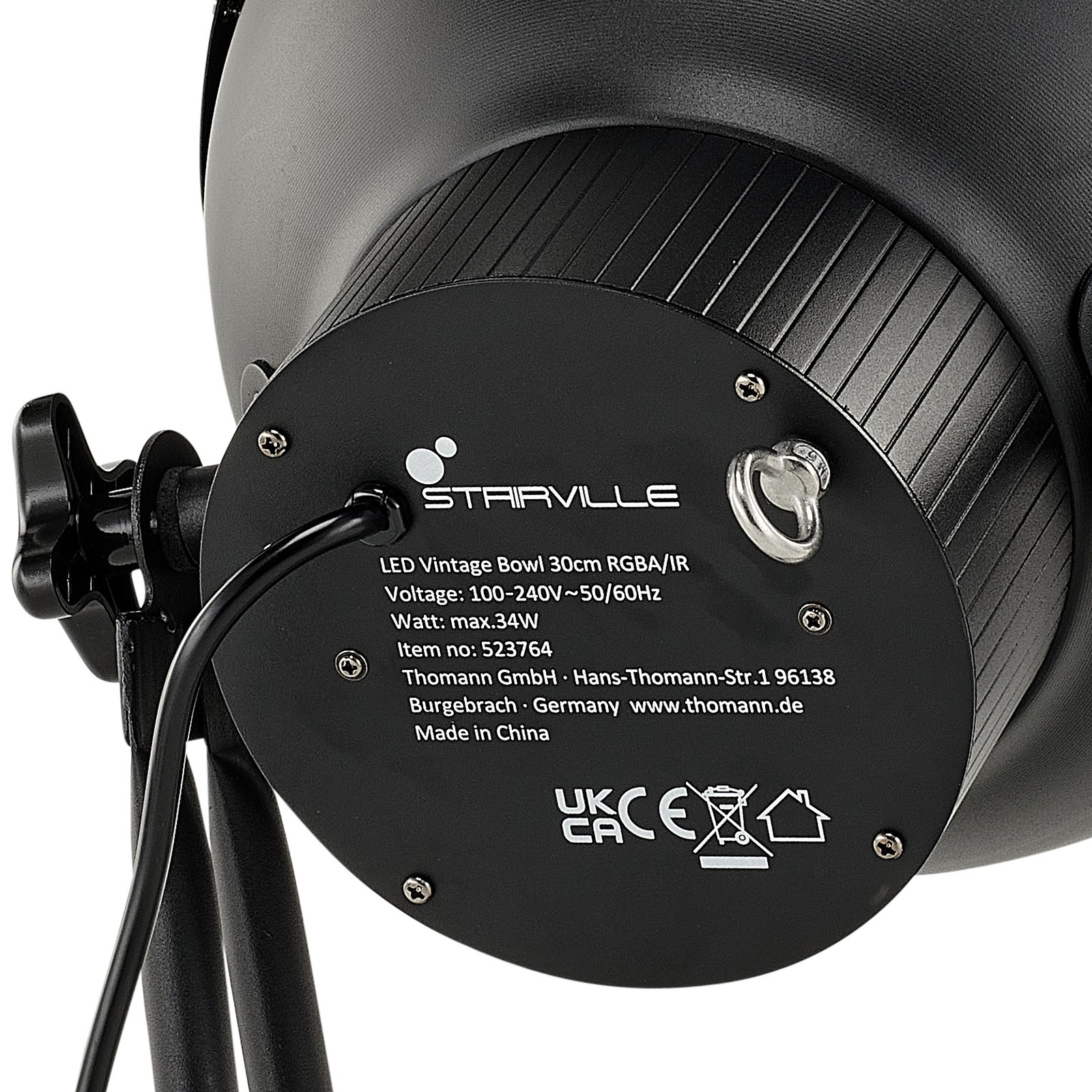 Rückseite mit Stromkabel des Stairville LED Vintage Bowl 30 RGBA IR