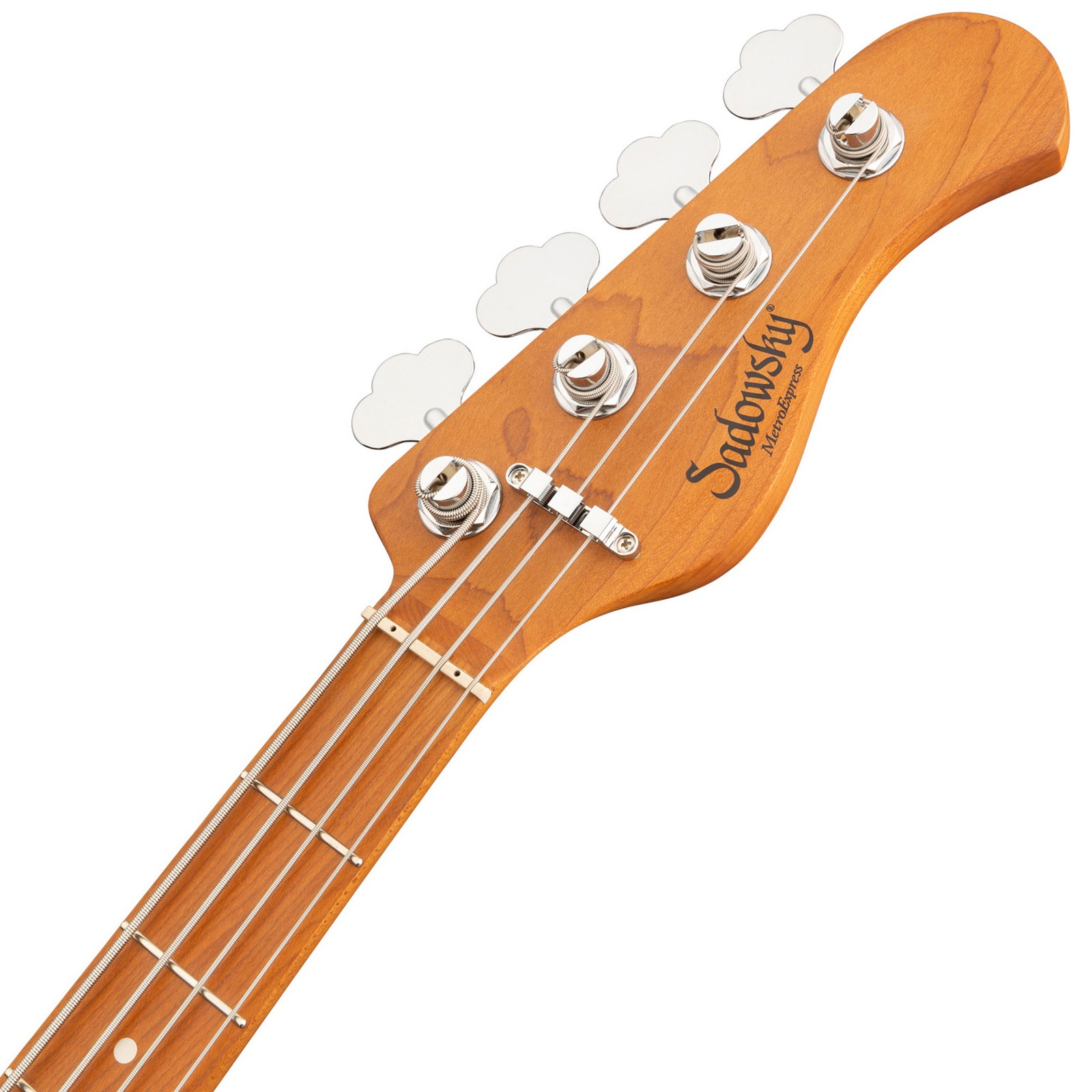 Roasted maple headstock on the Sadowsky MetroExpress 21 Hybrid PJ 4 Black, bass guitar