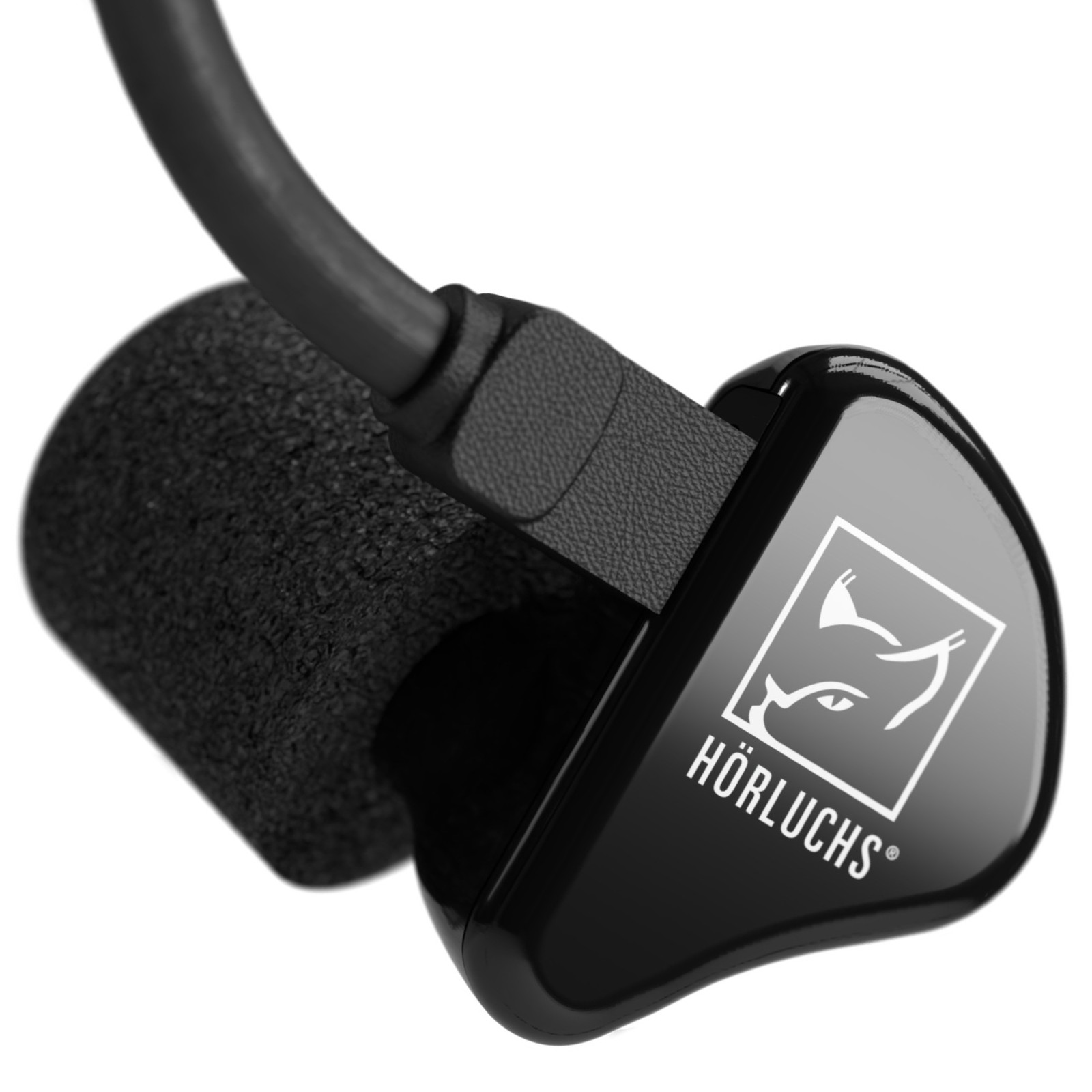 Hörluchs logo on in-ear headphones