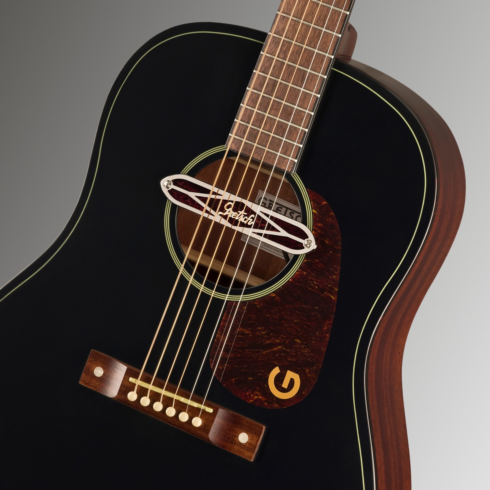 Deltoluxe Schallloch Tonabnehmer auf der Gretsch JD Dread DELTO TSPG BLKT 