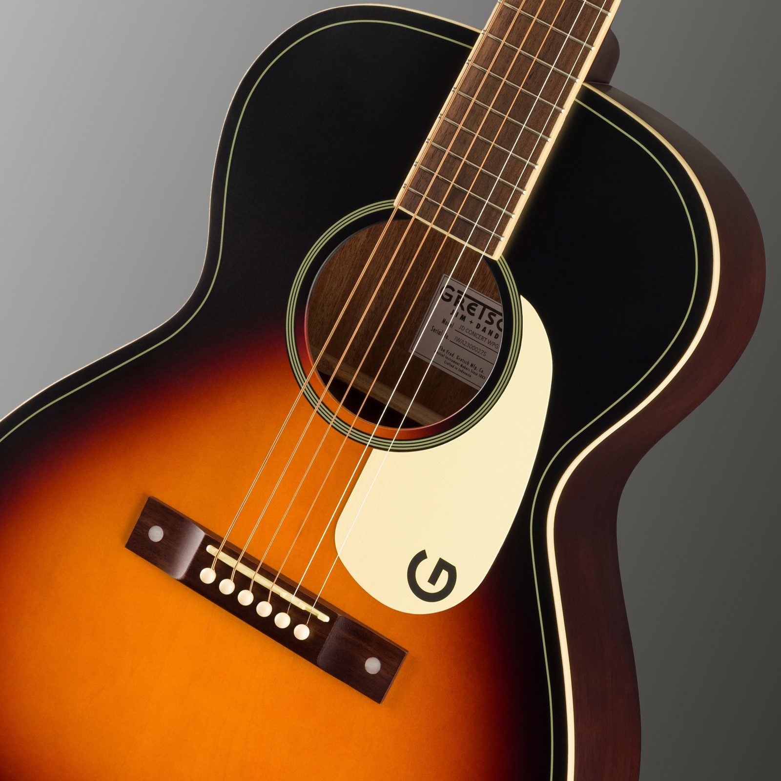 Linden Holz Decke der Gretsch JD Concert mit weißem Schlagbrett und Rex Burst Finish