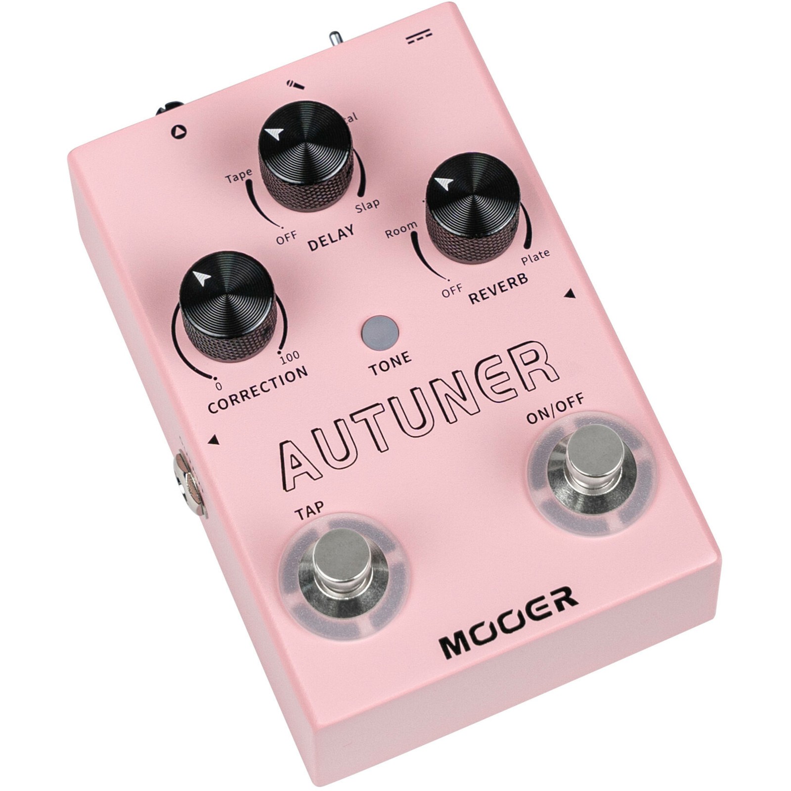 Three knobs, one button, and two footswitches on the Mooer MVP1 Autuner